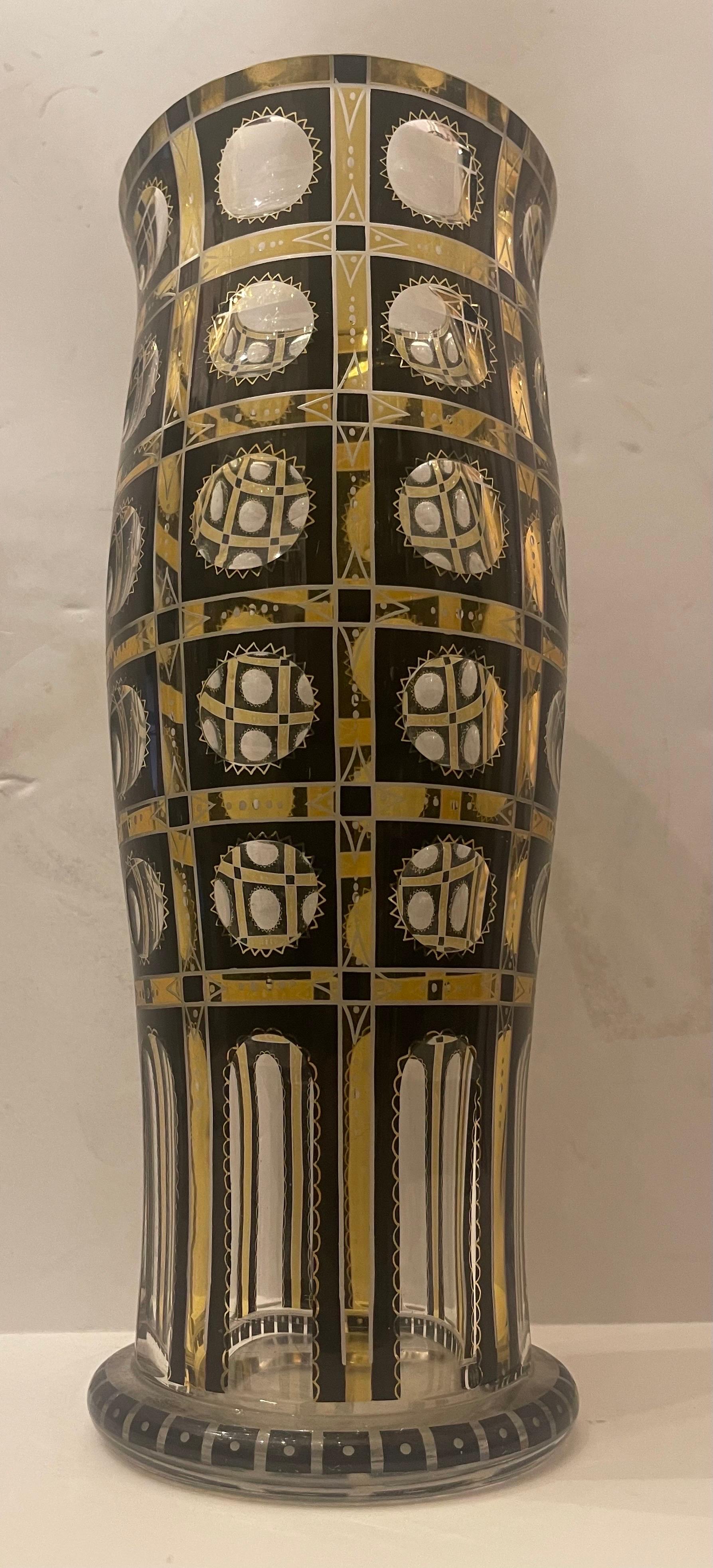 Wonderful Moser Art Glass Art Deco Enameled Yellow Black Etched Crystal Vase For Sale 1
