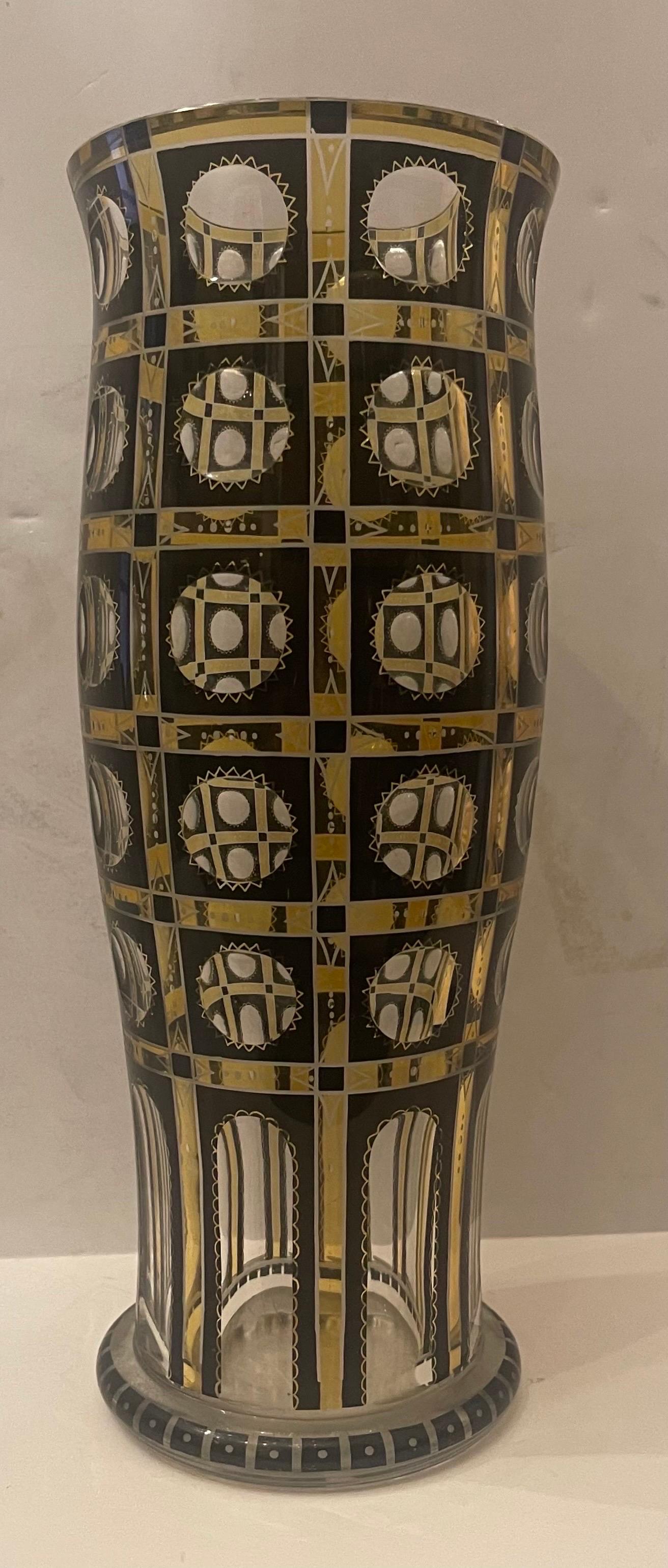 Wonderful Moser Art Glass Art Deco Enameled Yellow Black Etched Crystal Vase For Sale 2