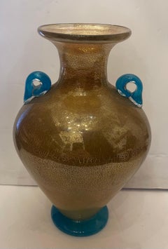 Wonderful Murano Art Glass Gold Flake Blue Accent Handles Iridescent Large Vase