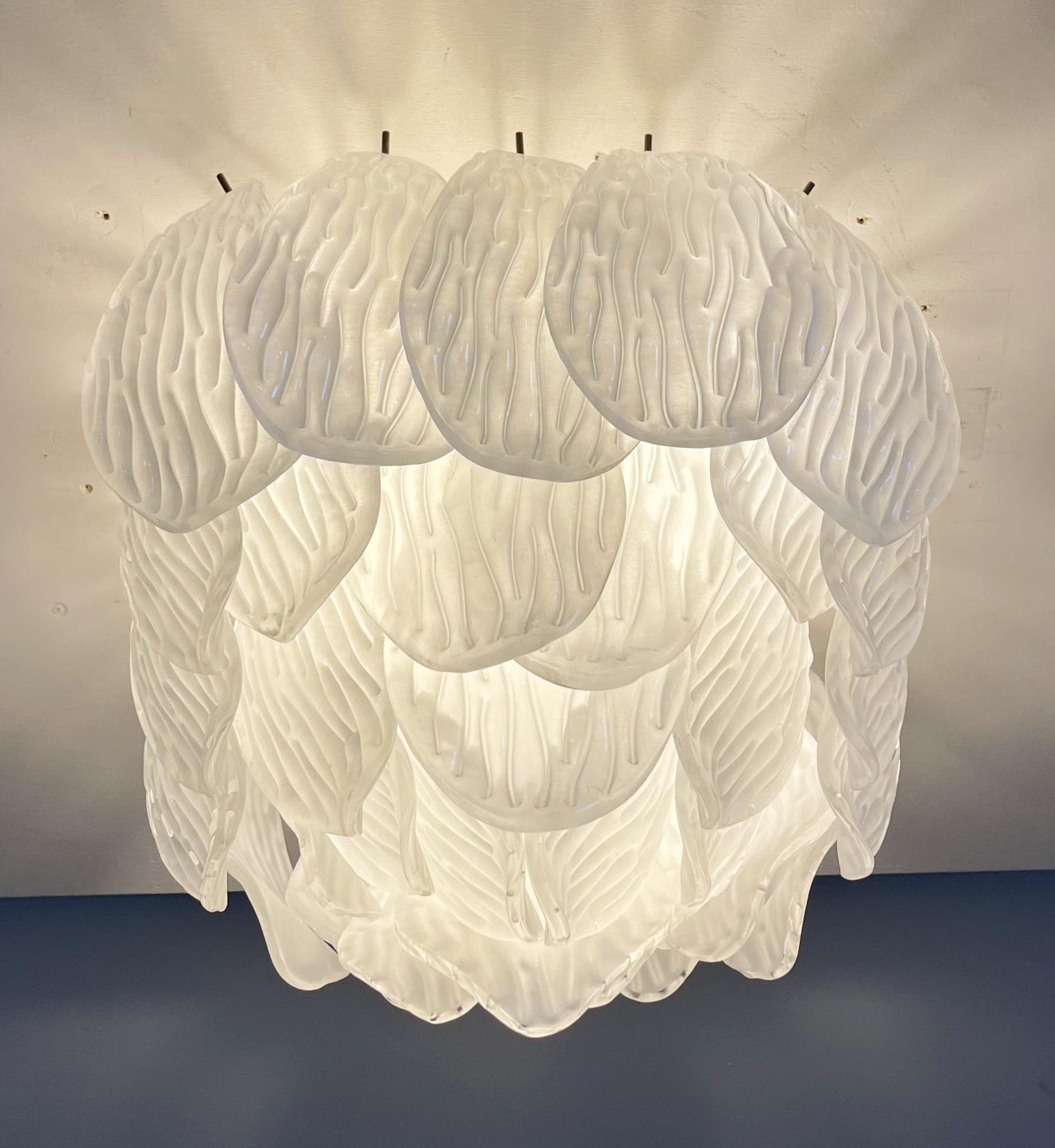 Art Glass Wonderful Murano ceiling lamp - frosted carved glass leaves For Sale