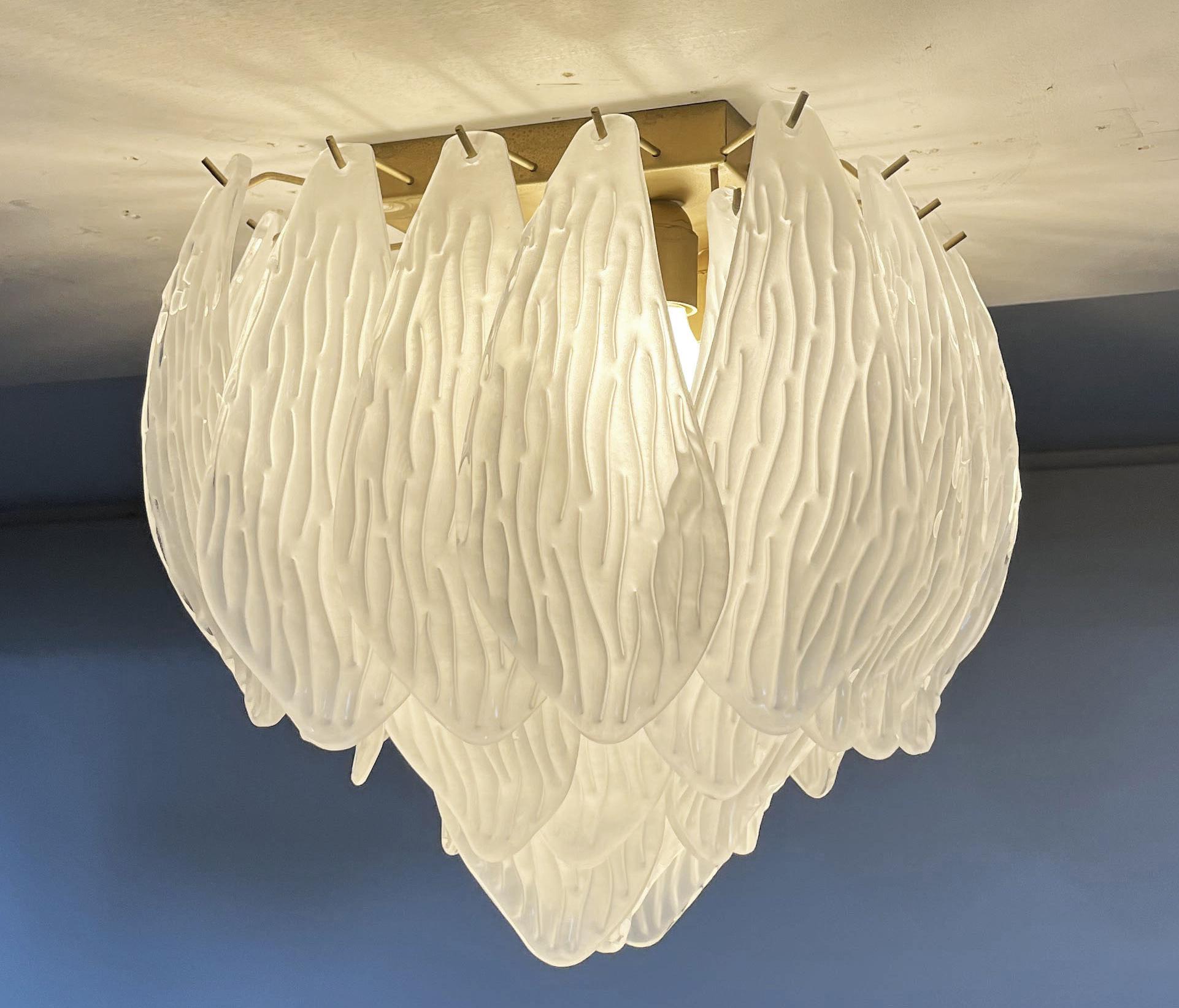 Wonderful Murano ceiling lamp - frosted carved glass leaves For Sale 2