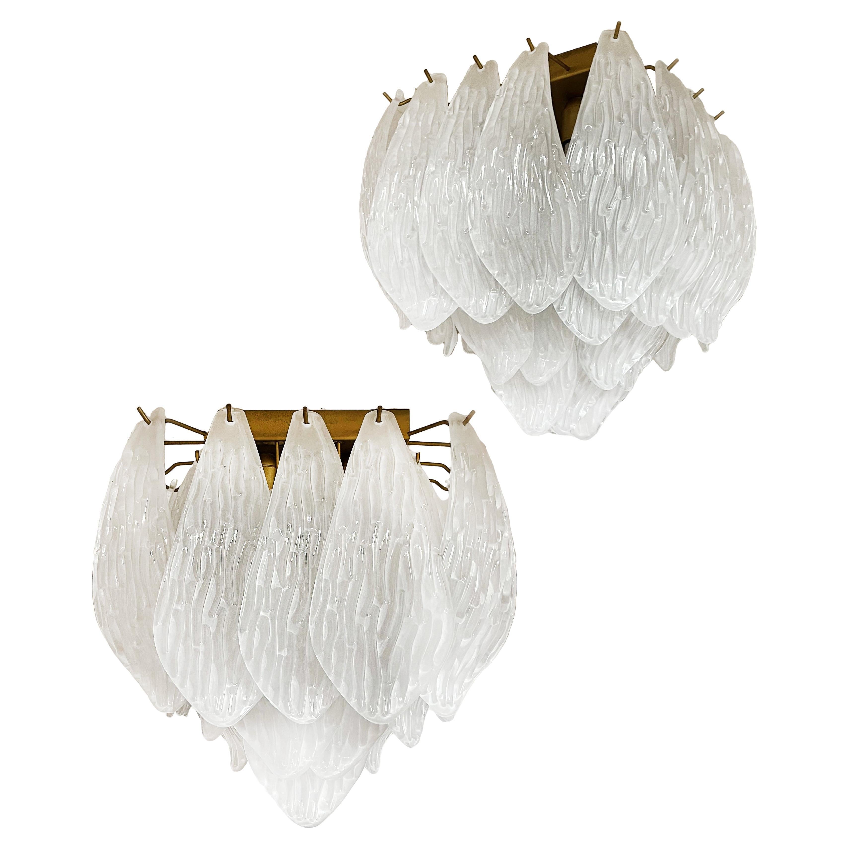 Wonderful Murano ceiling lamps - frosted carved glass leaves