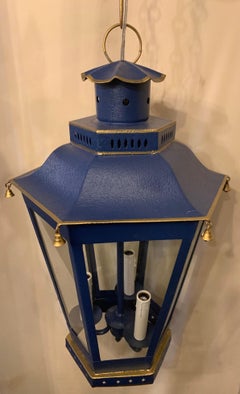 Wonderful Navy Blue Gold Gilt Pagoda Hexagon Glass Panel Chinoiserie Lantern