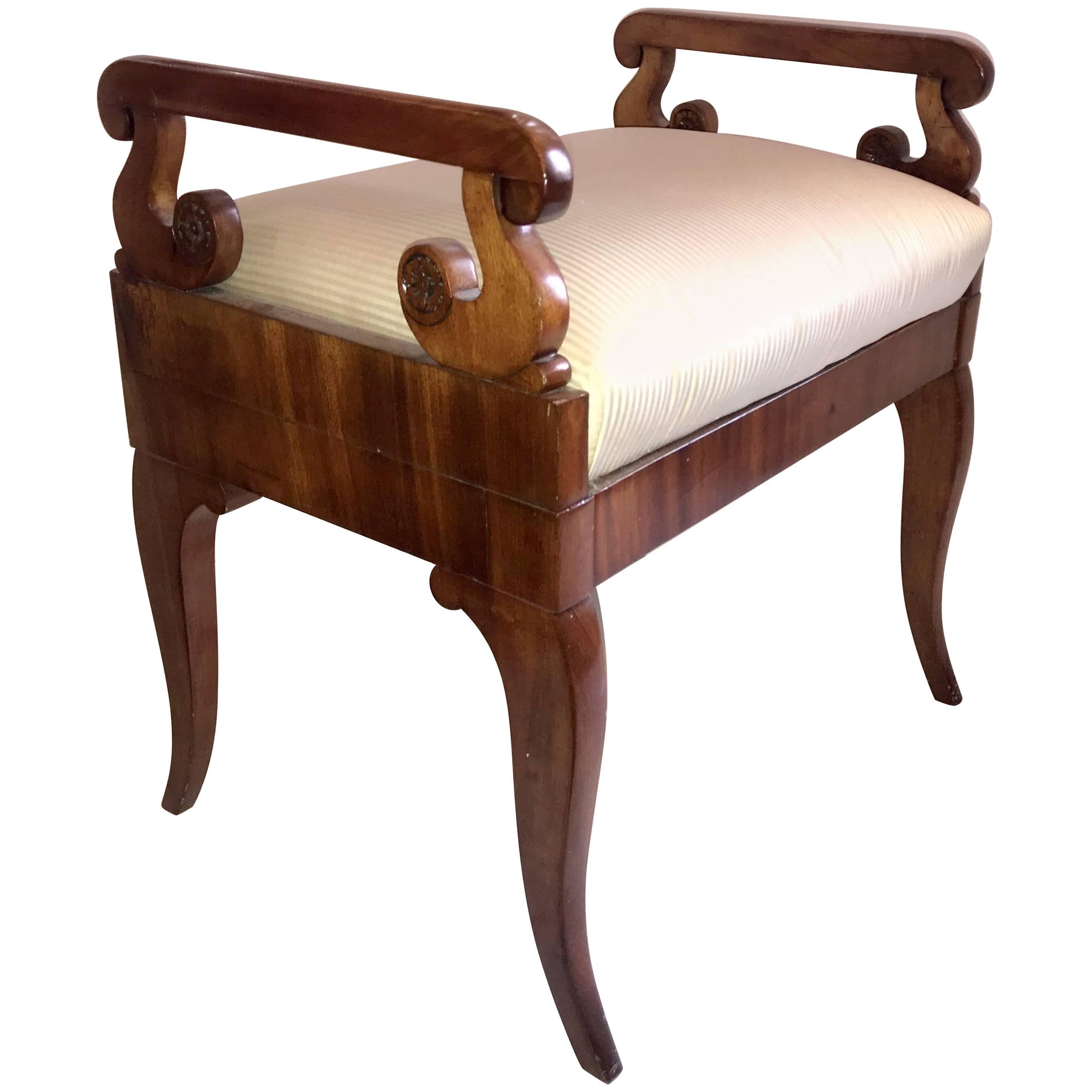 Wonderful Neoclassical Carved Walnut Biedermeier Empire Regency Bench Stool