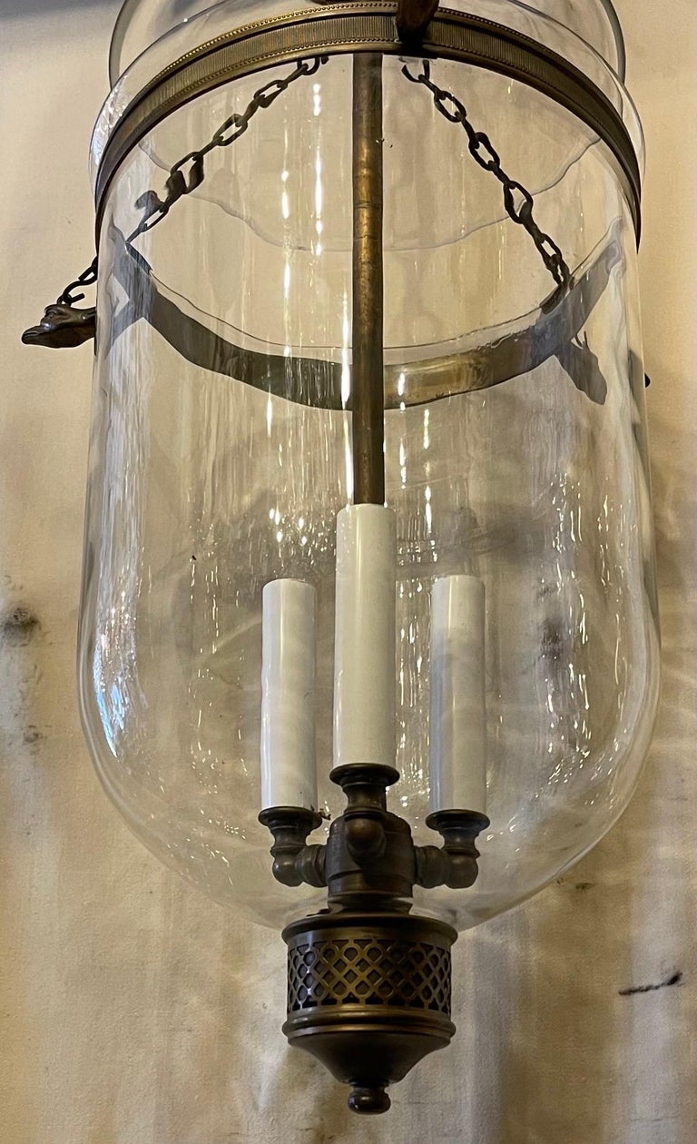 A Wonderful Neoclassical, Empire Style Glass & Bronze Bell Jar Lantern Fixture With 3 Eagle Heads, Fitted With 3 Candelabra Lights On The Inside, Rewired And Accompanied By Chain And Canopy.