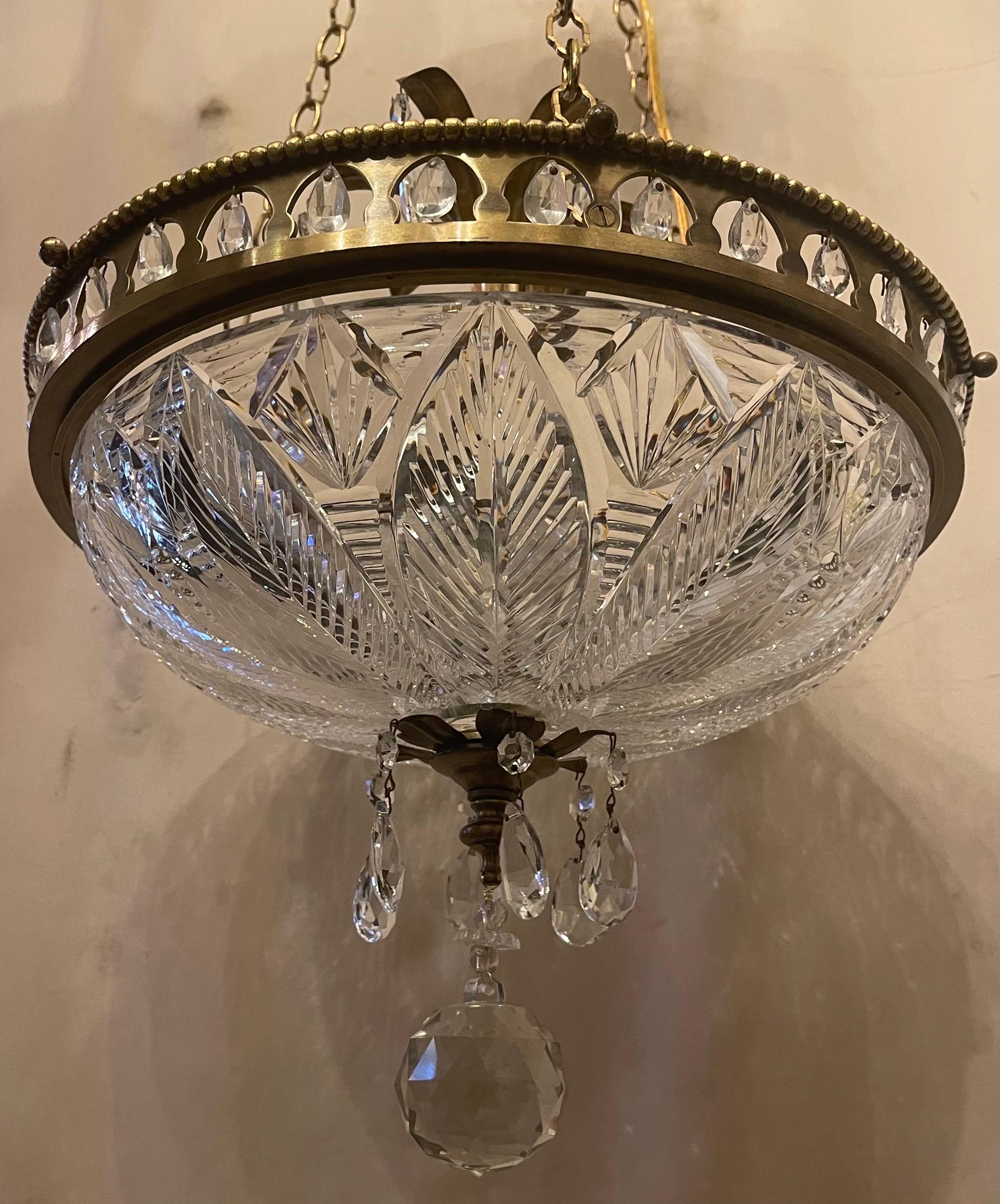 A Wonderful Neoclassical / Regency Faceted And Etched Feather Cut-Crystal Bowl With Dore Bronze Chandelier Having Crystal Drops Throughout, This Ormolu Fixture Has 3 Candelabra Lights Internally.

Height Is Adjustable By Removing Or Adding Of Chain.