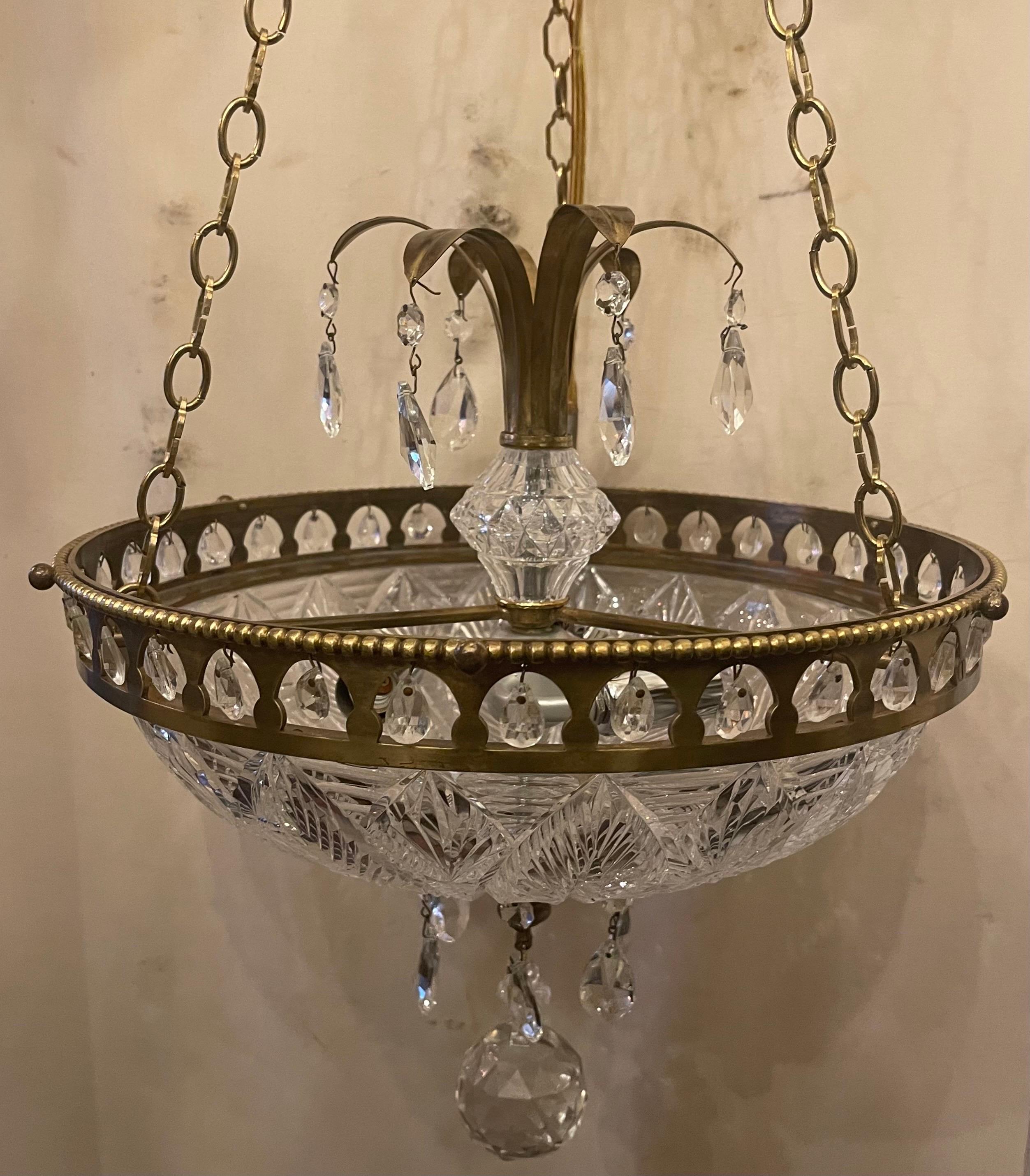 Gilt Wonderful Neoclassical Etched Cut-Crystal Bowl Bronze Chandelier Ormolu Fixture For Sale