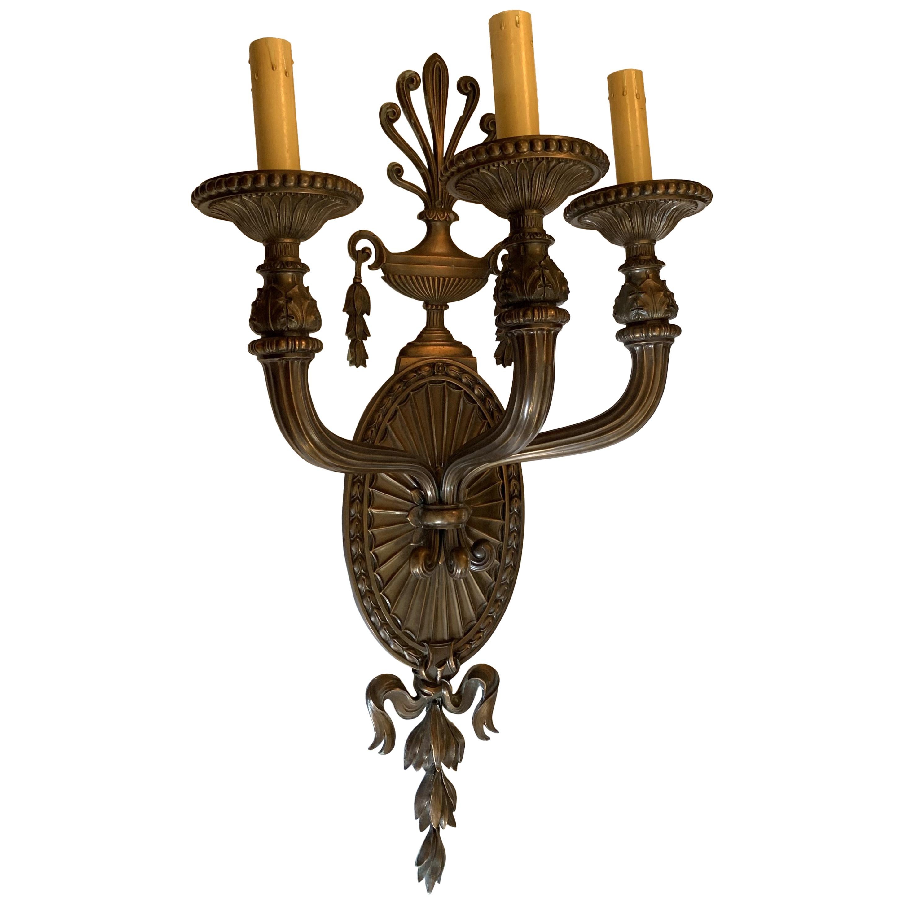 Wonderful Neoclassical Patinated Bronze Large Urn 3-Light Caldwell Sconces, Pair For Sale