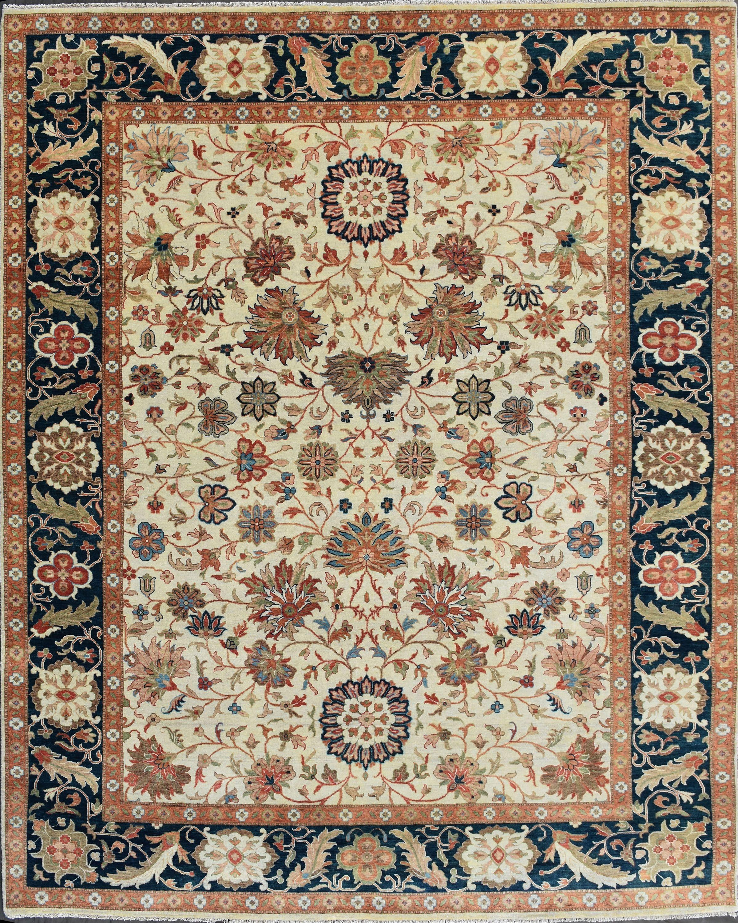 Nice new rug with beautiful Agra design and nice colors, entirely hand knotted with wool velvet on cotton foundation.
