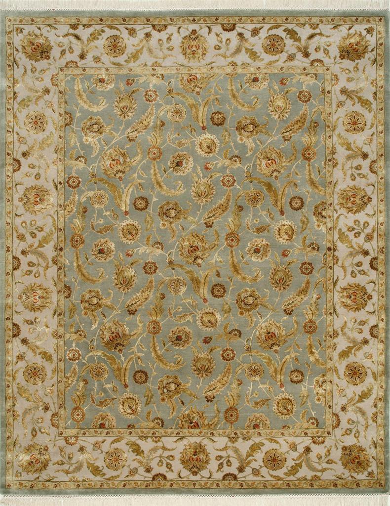 Bonita alfombra nueva con precioso diseño decorativo indo persa y bonitos colores, anudada a mano con lana y terciopelo de seda sobre base de algodón.