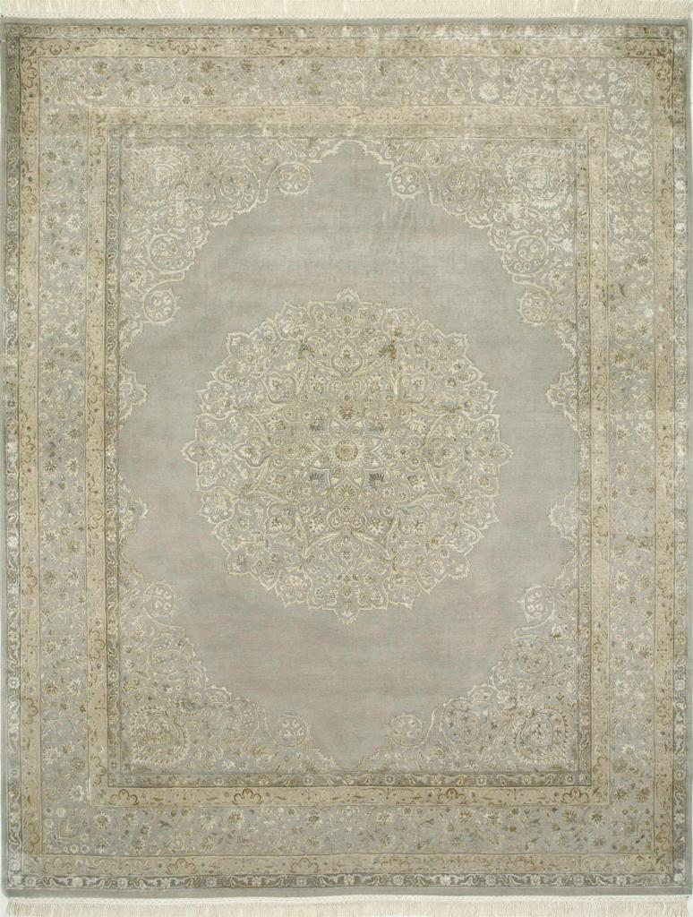 Nice new rug with beautiful decorative Indo Persian design and nice colors, entirely hand knotted with wool and silk velvet on cotton foundation.