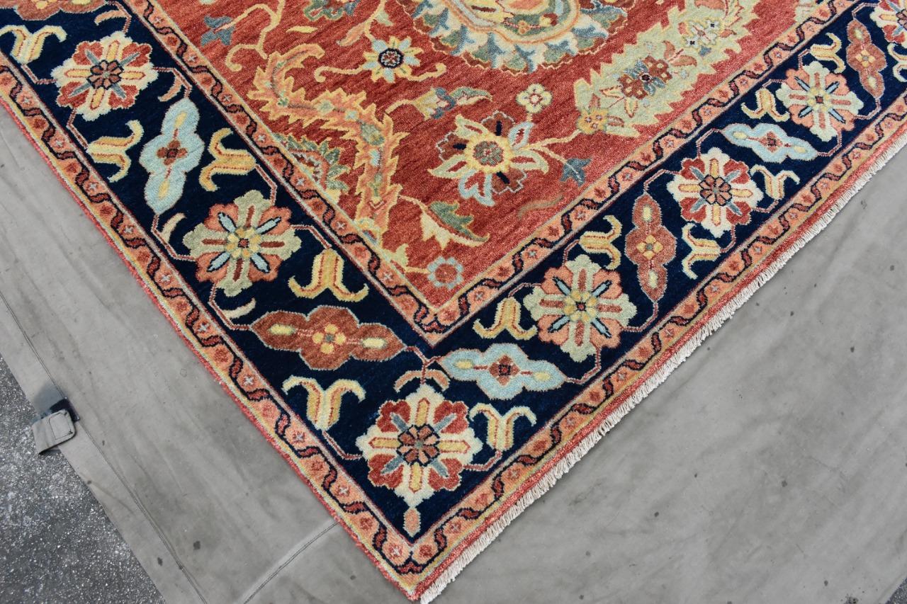Nice new rug with beautiful decorative Indo Persian design and nice colors, entirely hand knotted with wool velvet on cotton foundation.