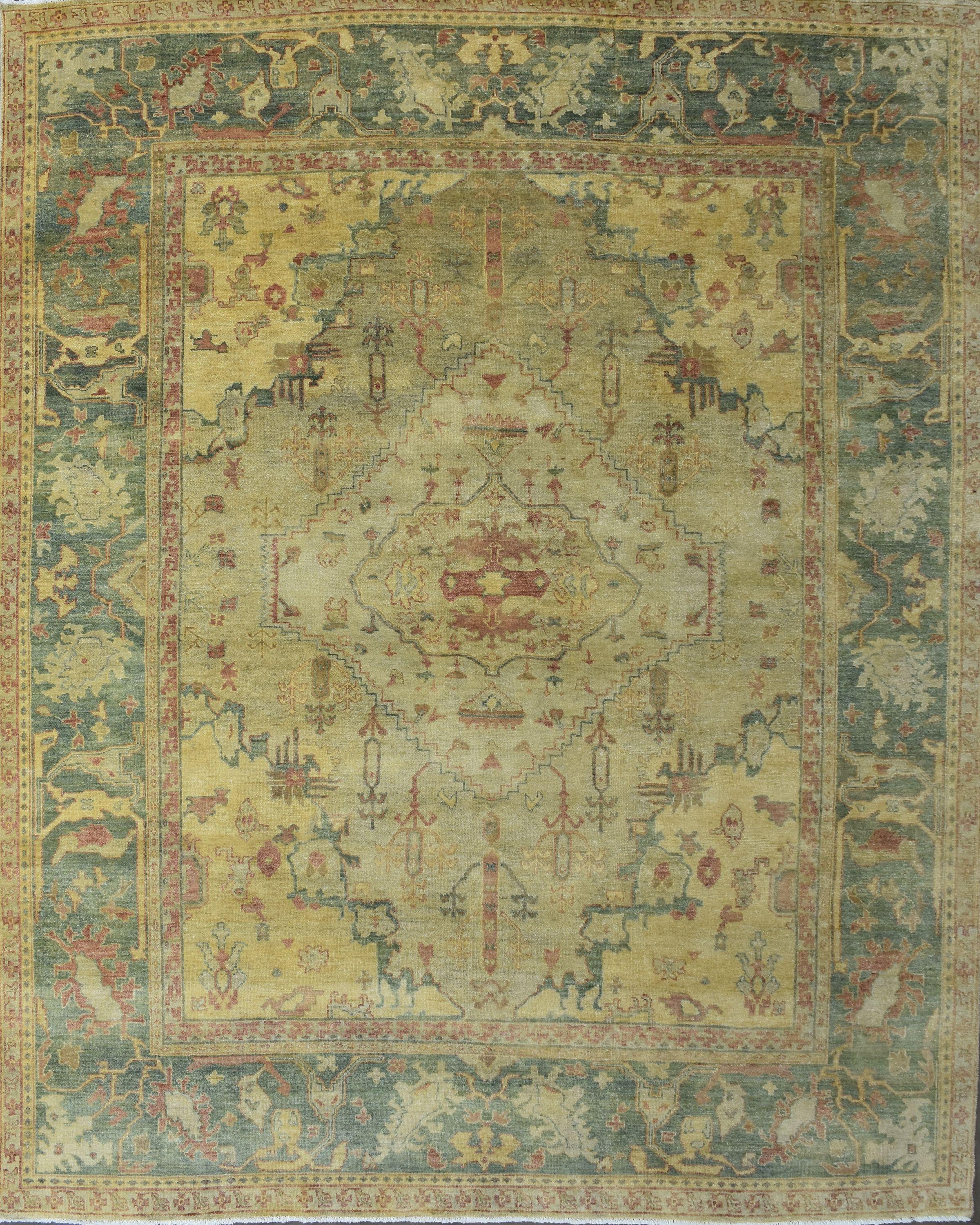 Schöner neuer Teppich mit schönem Oushak-Design und schönen Farben, komplett handgeknüpft mit Wollsamt auf Baumwollbasis.