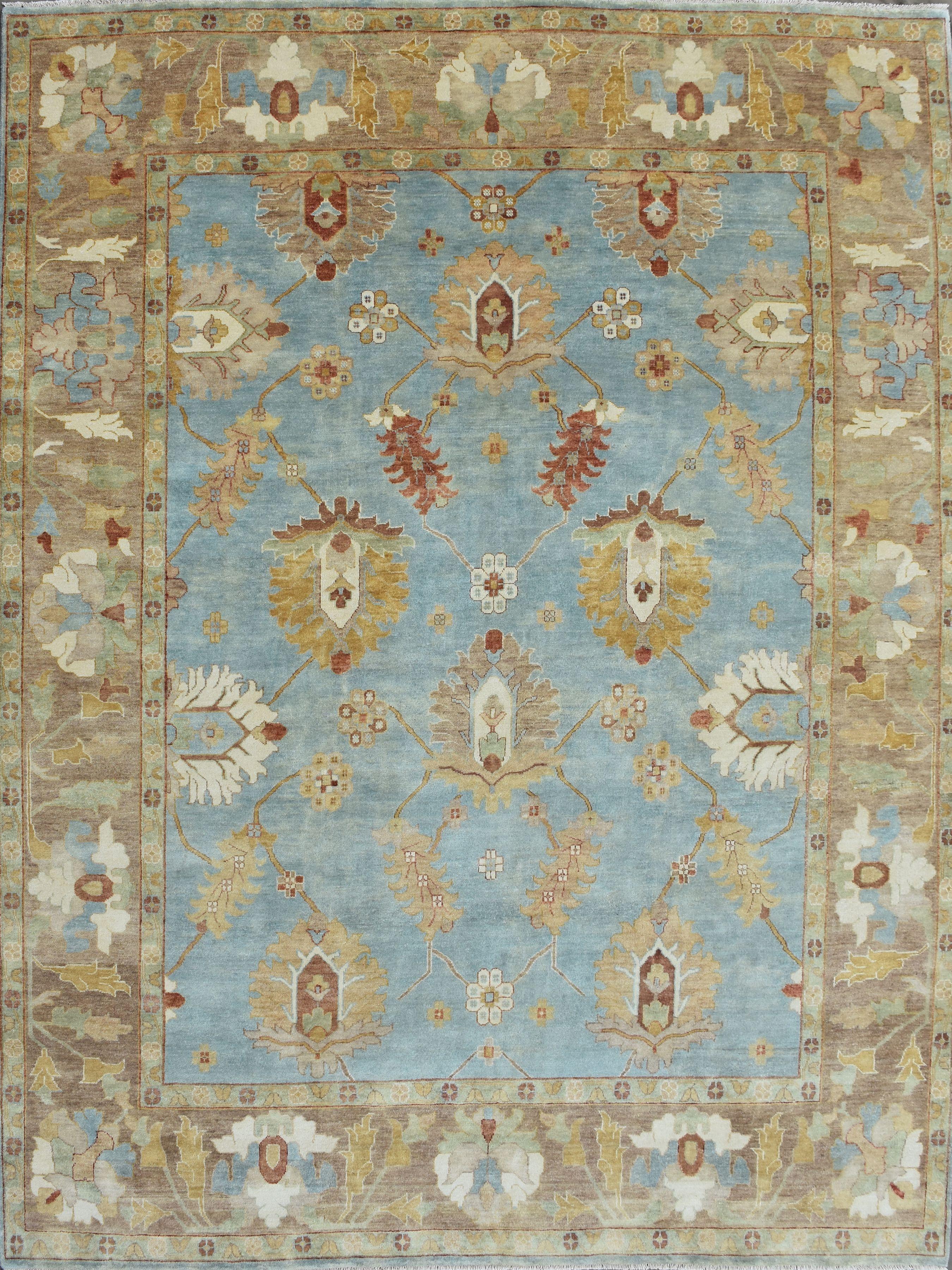 Nice new rug with beautiful Oushak design and nice colors, entirely hand knotted with wool velvet on cotton foundation.