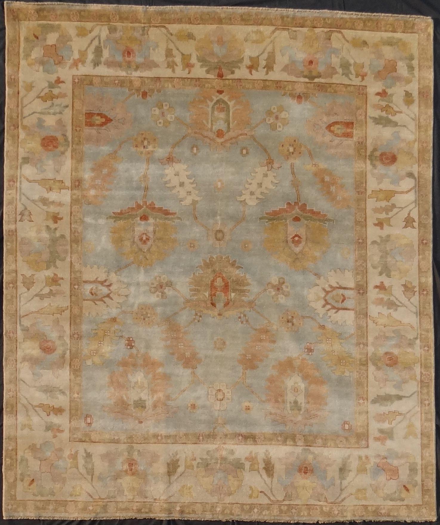 Nice new rug with beautiful Oushak design and nice colors, entirely hand knotted with wool velvet on cotton foundation.