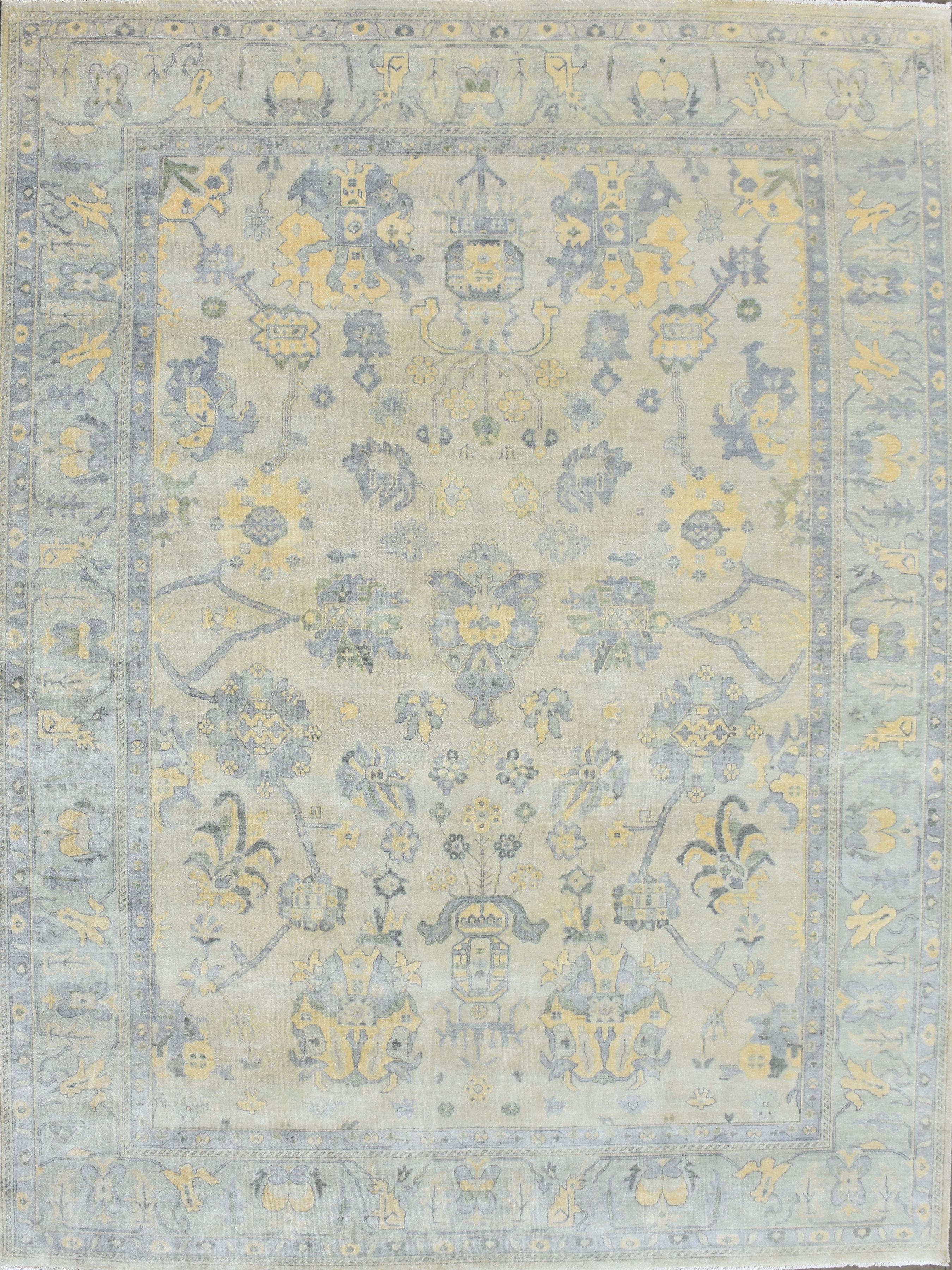 Nice new rug with beautiful Oushak design and nice colors, entirely hand knotted with wool velvet on cotton foundation.