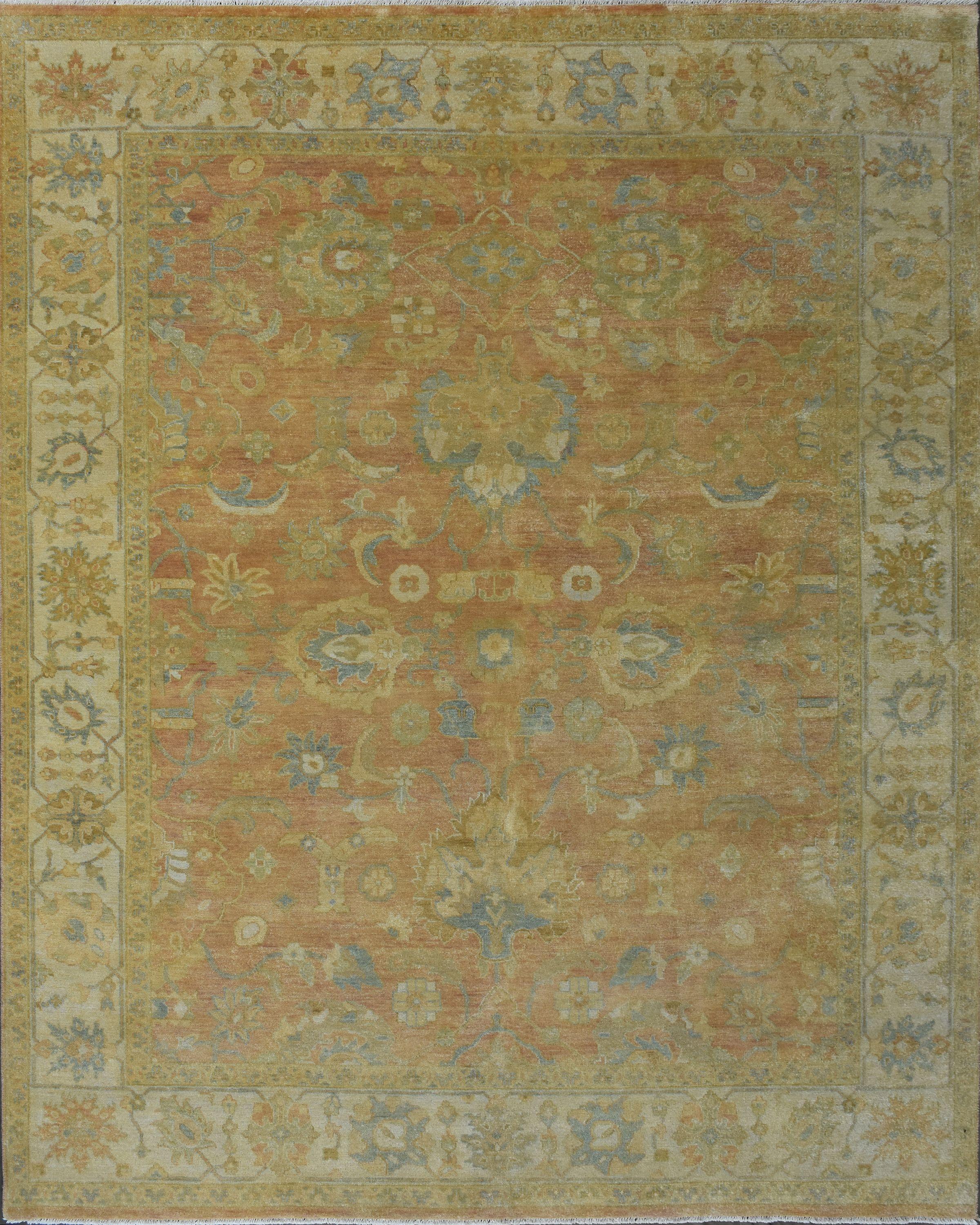 Schöner neuer Teppich mit schönem Oushak-Design und schönen Farben, komplett handgeknüpft mit Wollsamt auf Baumwollbasis.
