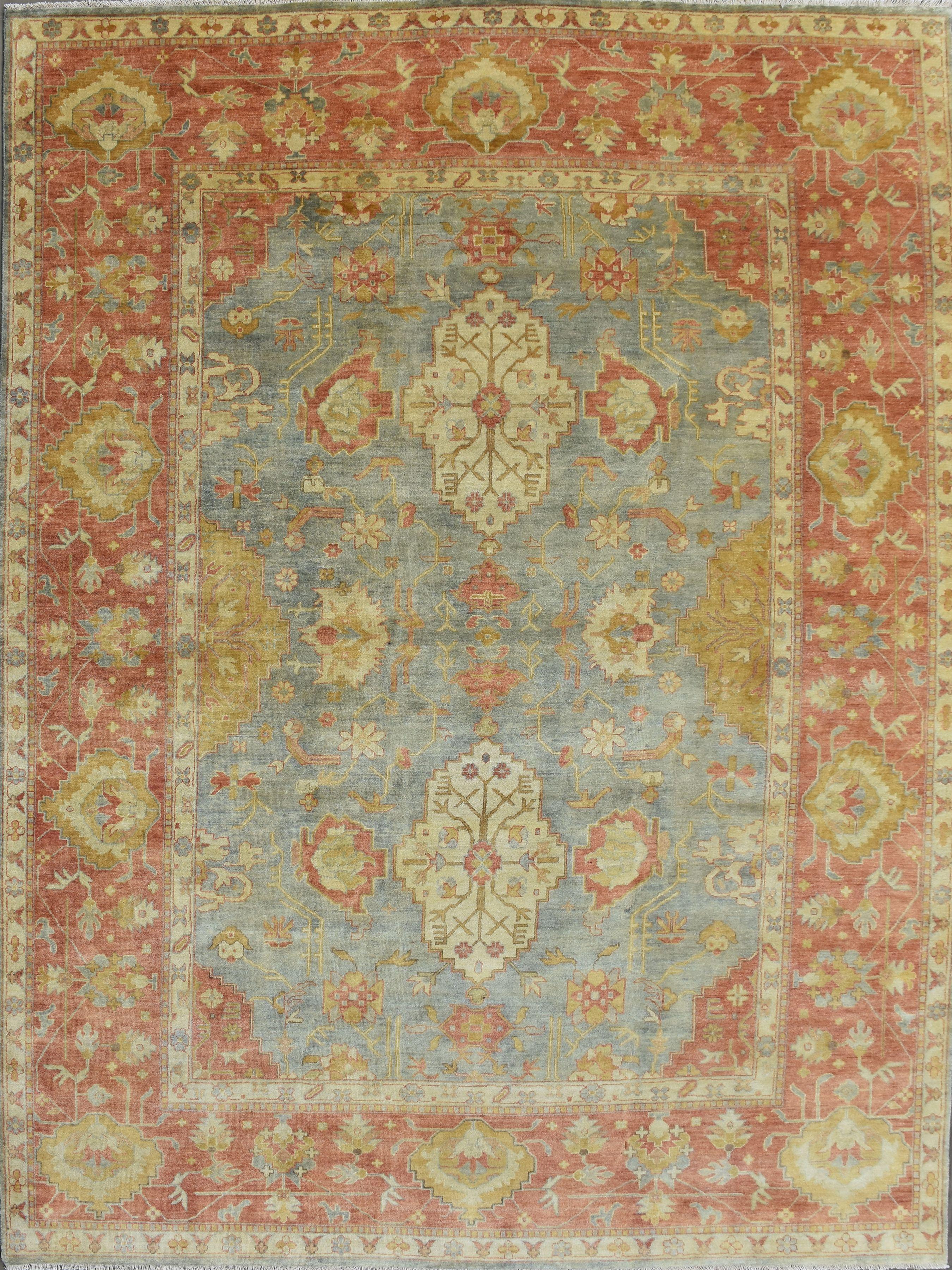 Schöner neuer Teppich mit schönem Oushak-Design und schönen Farben, komplett handgeknüpft mit Wollsamt auf Baumwollbasis.