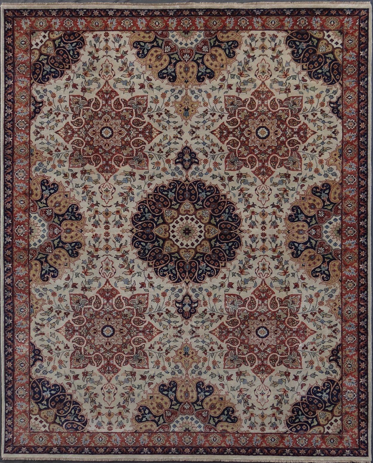 Nice new rug with beautiful Persian design and nice colors, entirely hand knotted with wool and silk velvet on cotton foundation.