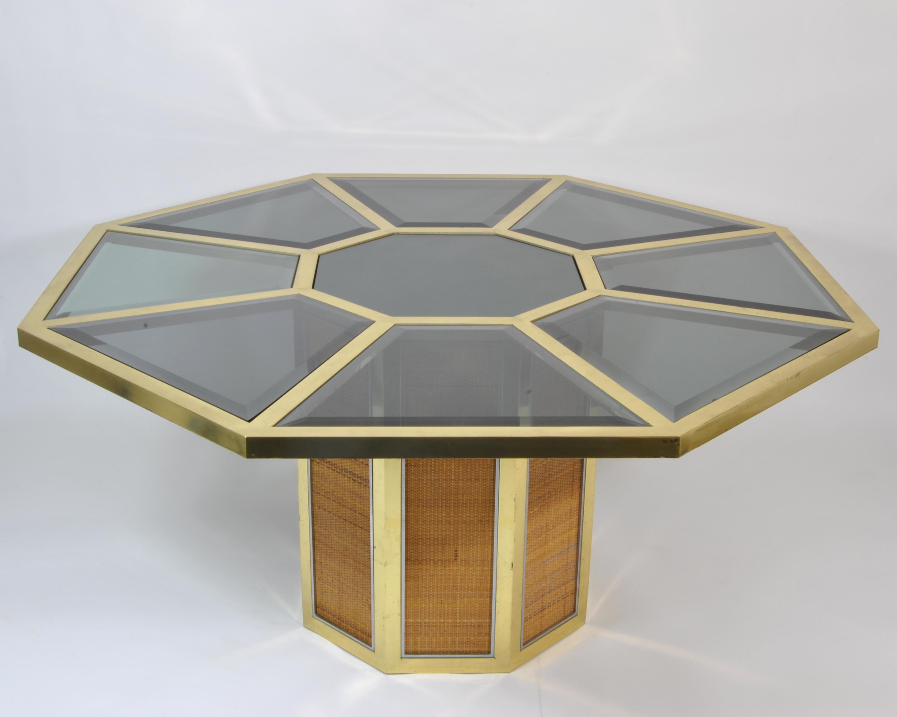 Wonderful Romeo Rega brass and pith table with colored glass tops, production, Italy, 1970.