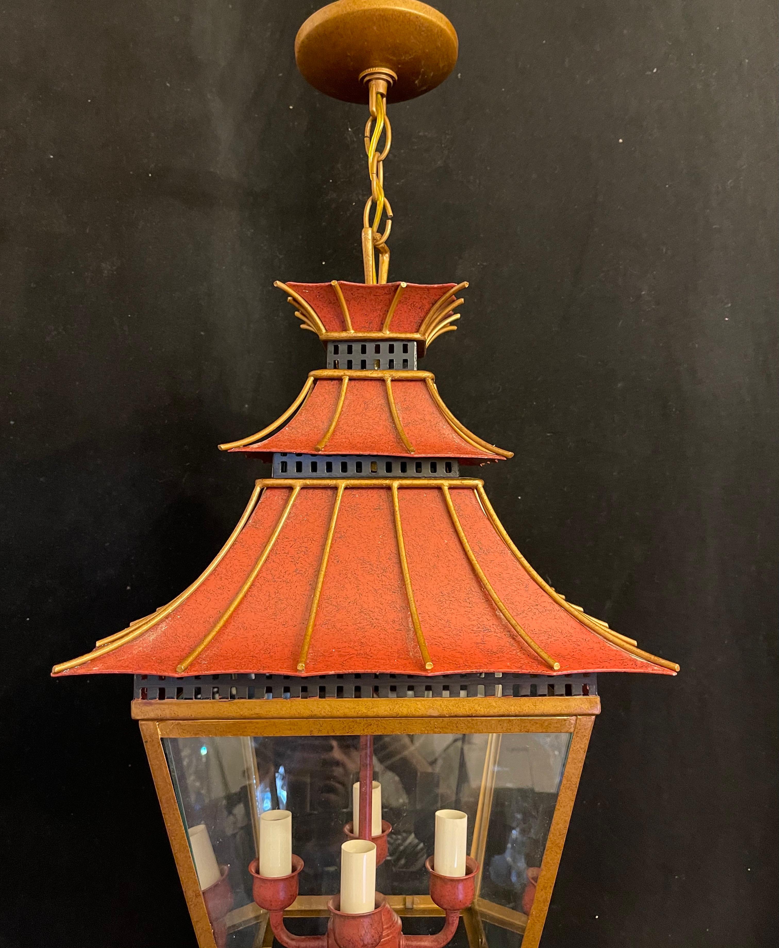 Italian Wonderful Orange Red Gold Gilt Pagoda Square Glass Chinoiserie Lantern Fixture