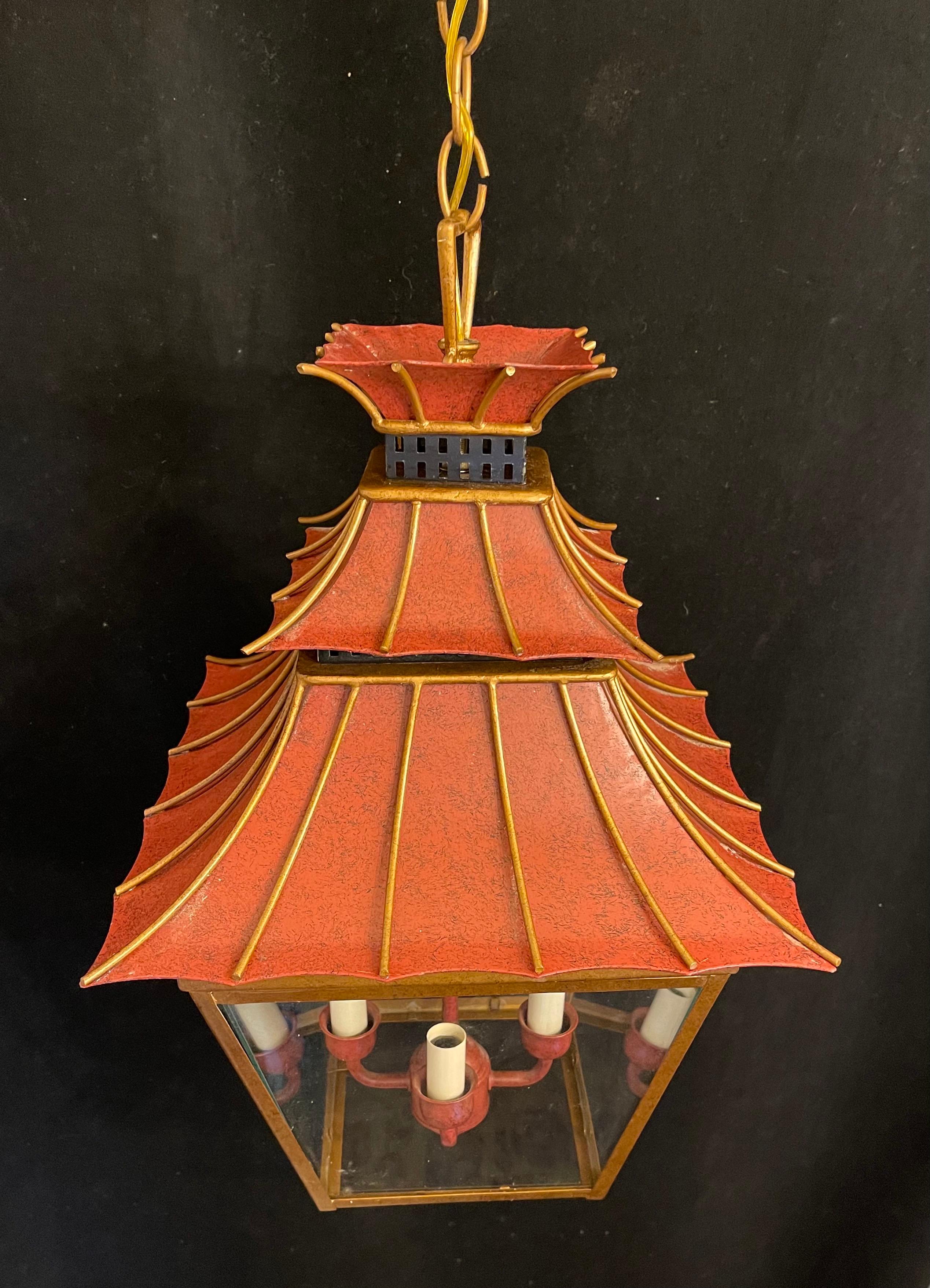 Hand-Painted Wonderful Orange Red Gold Gilt Pagoda Square Glass Chinoiserie Lantern Fixture