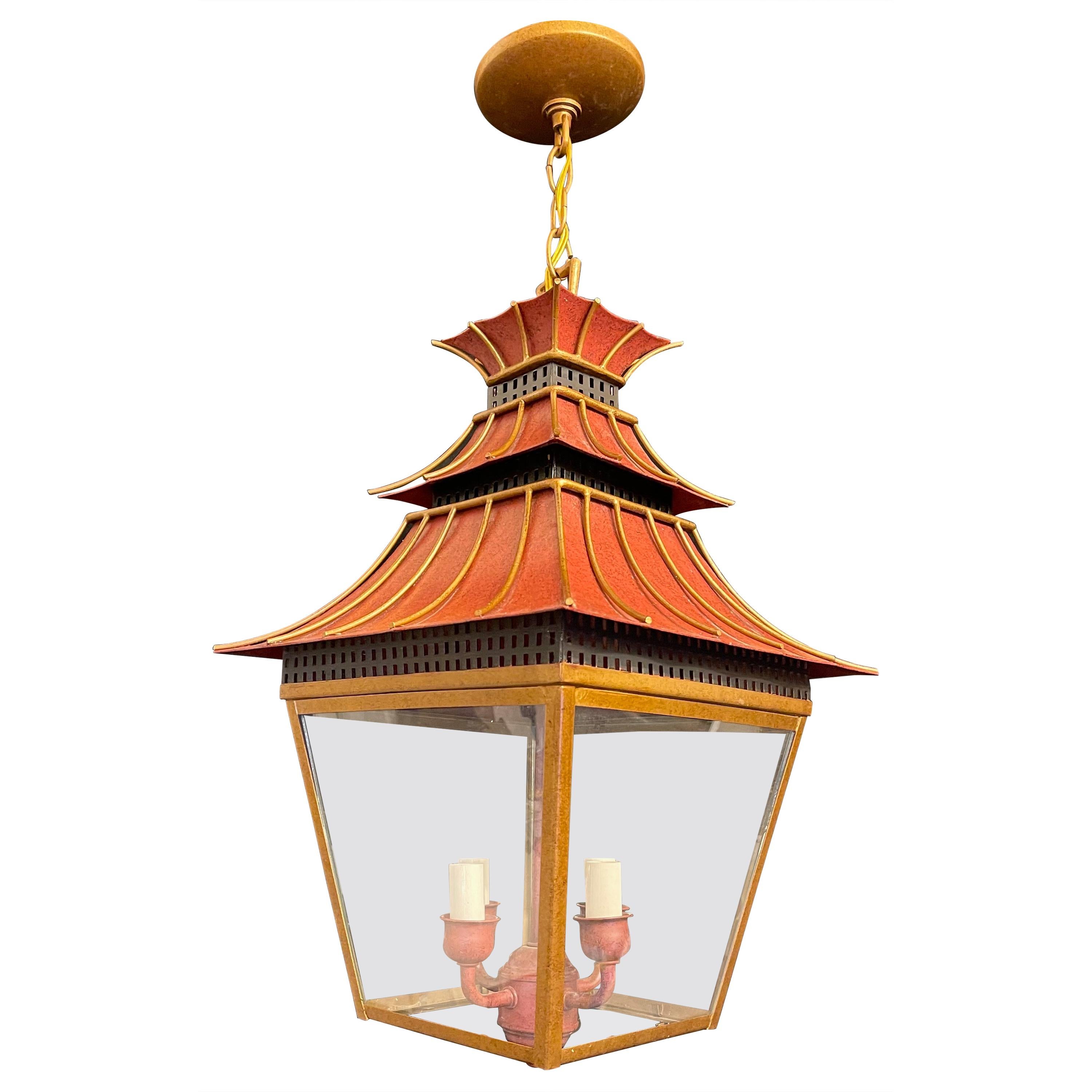Wonderful Orange Red Gold Gilt Pagoda Square Glass Chinoiserie Lantern Fixture