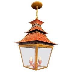 Wonderful Orange Red Gold Gilt Pagoda Square Glass Chinoiserie Lantern Fixture