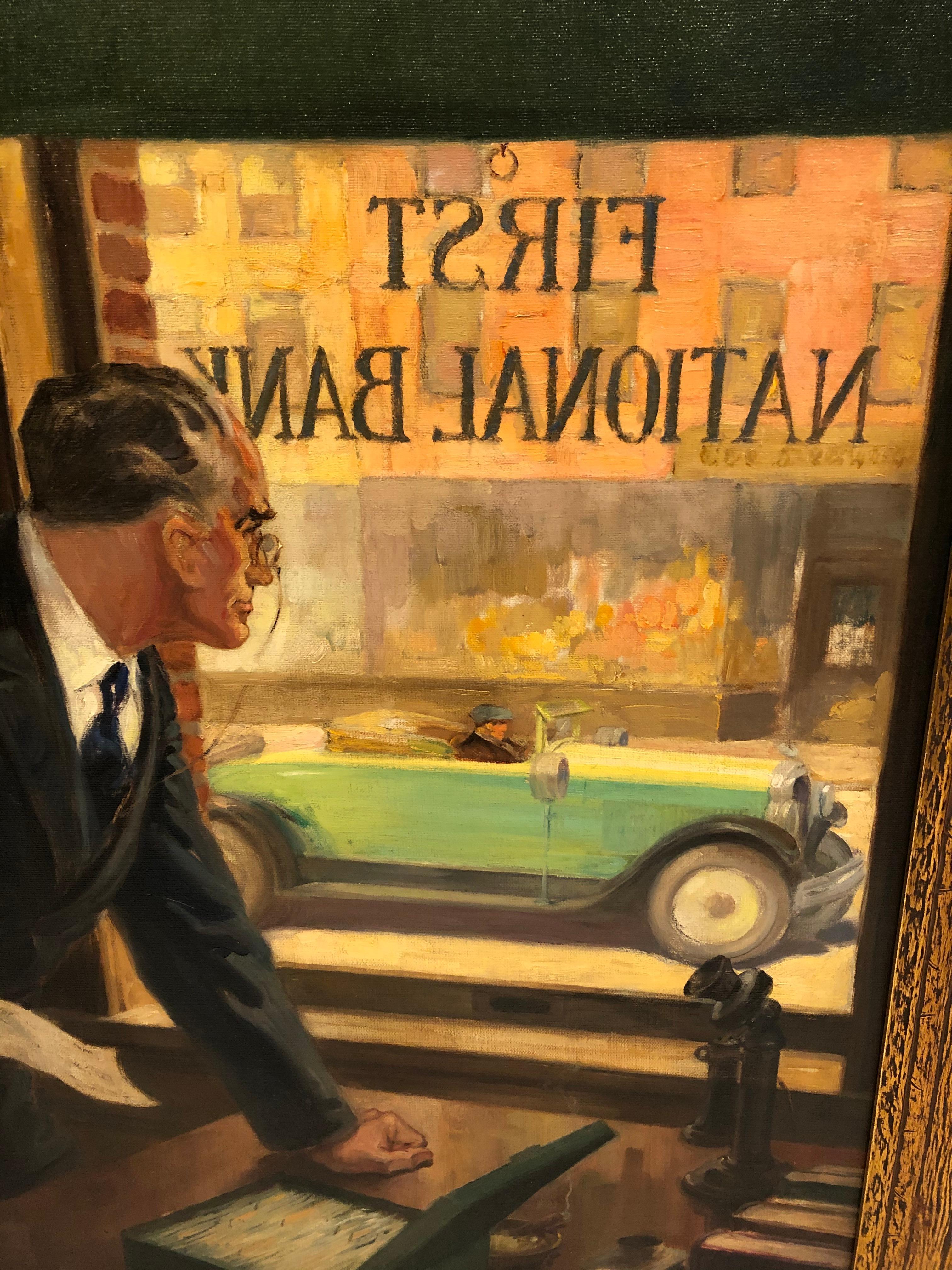 Wonderful interior and portrait of a banker looking enviously at a fancy green sedan convertible automobile. Marvelous warm colors and feeling of illumination, and a scene that could be from an old time movie. Walter De Maris, 1877-1947 was a