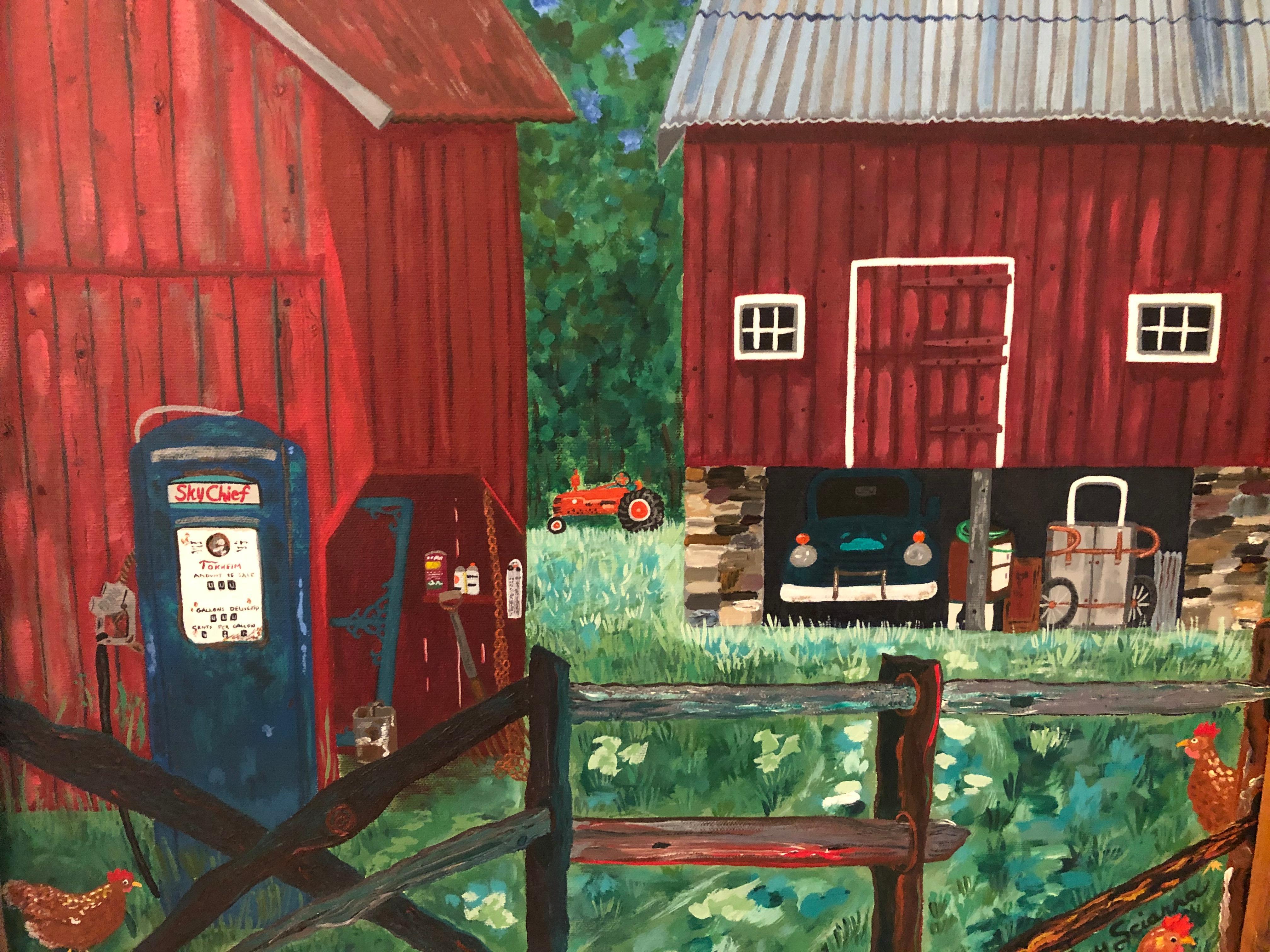 Warm and charming original painting of a local farm's garage with old Skychief gas pump and resident roosters rendered in a faux naive style by Princeton artist Fay Sciarra.  Frame is reclaimed barn wood and appropriate to the subject.