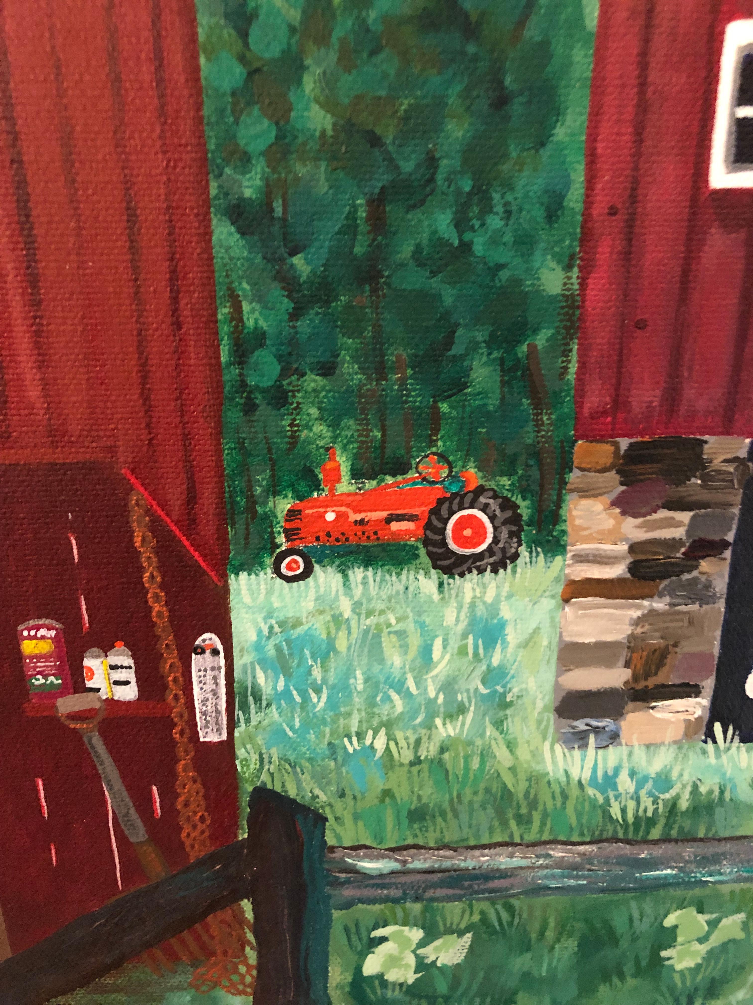 American Wonderful Original Painting of Farm with Old Gas Pump