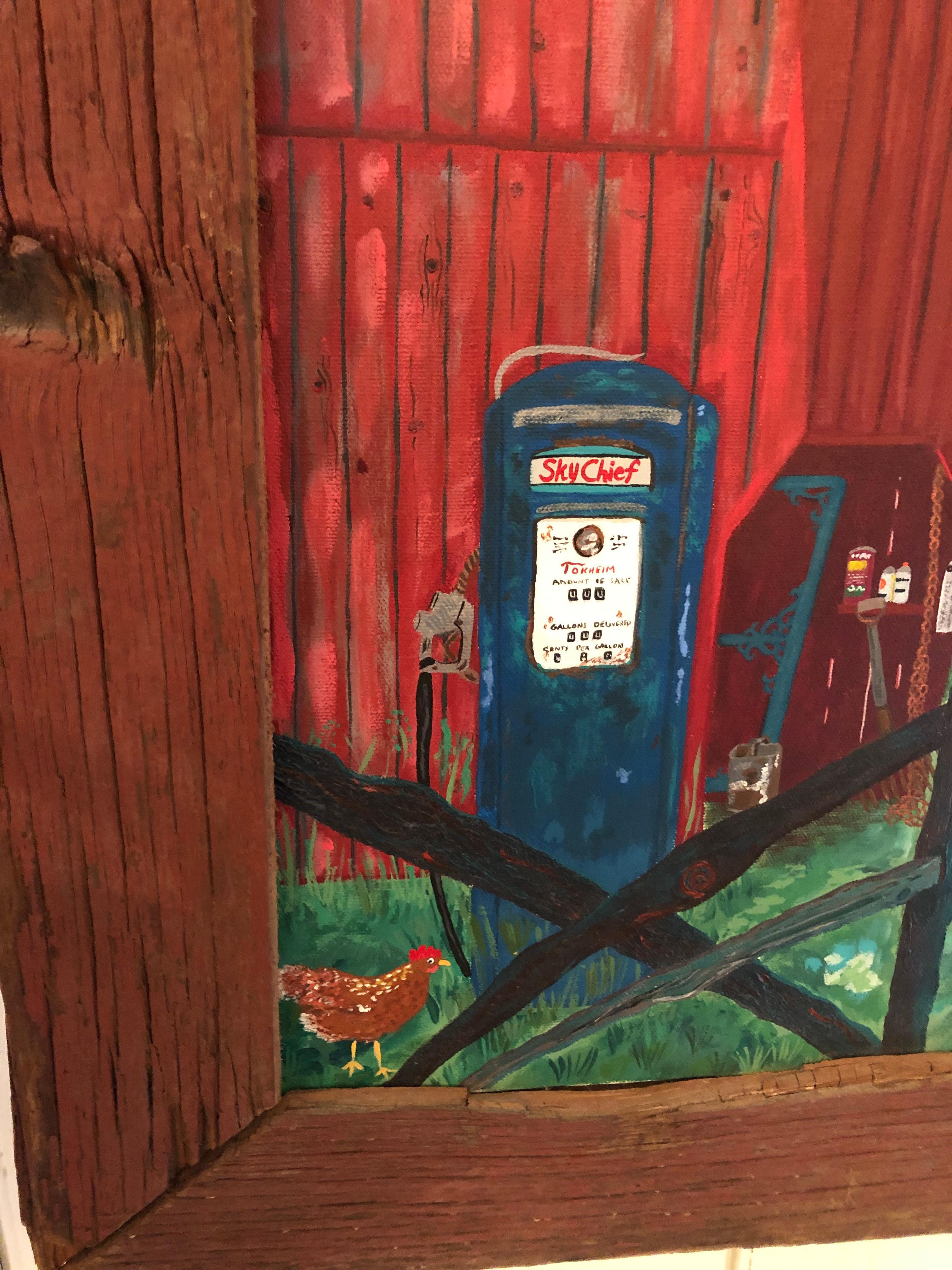 Wonderful Original Painting of Farm with Old Gas Pump In Good Condition In Hopewell, NJ