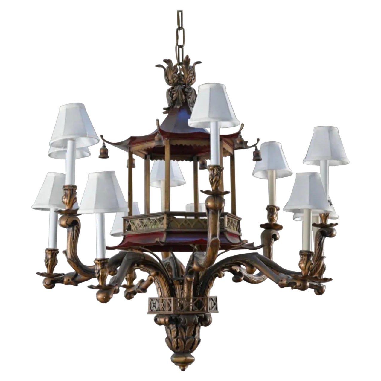 Wonderful Pagoda Tole Red Gold Painted 12 Lights Chandelier Chinese Chippendale