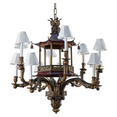 Wonderful Pagoda Tole Red Gold Painted 12 Lights Chandelier Chinese Chippendale