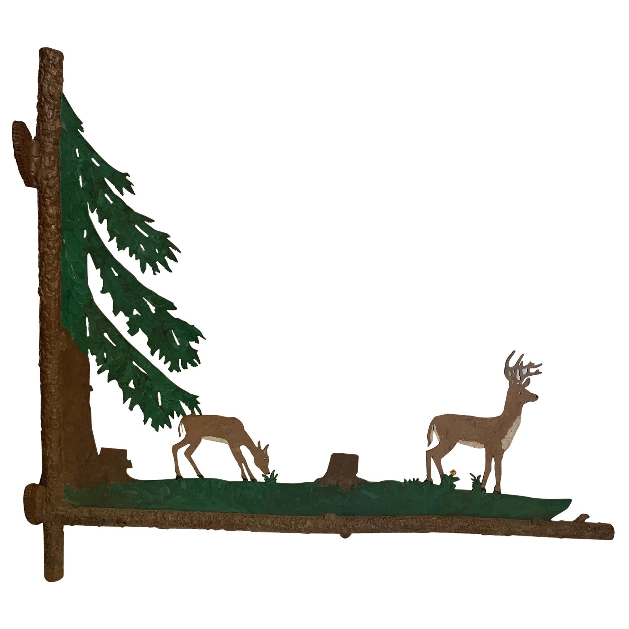 Wonderful Painted Two Sided Iron Sign with Bucolic Deer