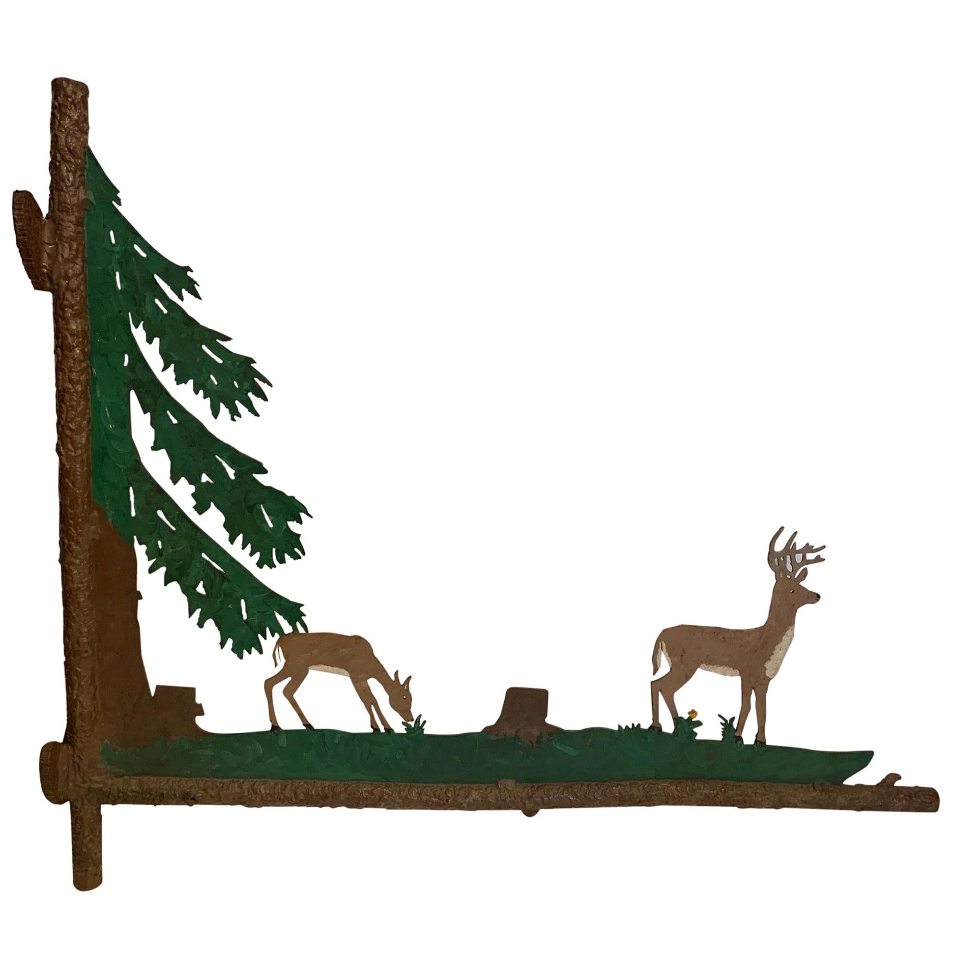 Wonderful Painted Two Sided Iron Sign with Bucolic Deer
