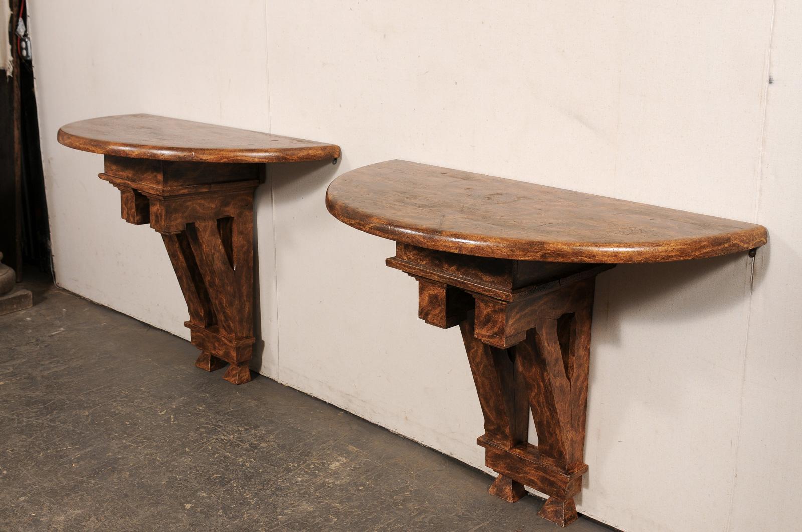 Wood Wonderful Pair 19th C. Architectural Fragment Wall Consoles w/Faux Burl Finish For Sale