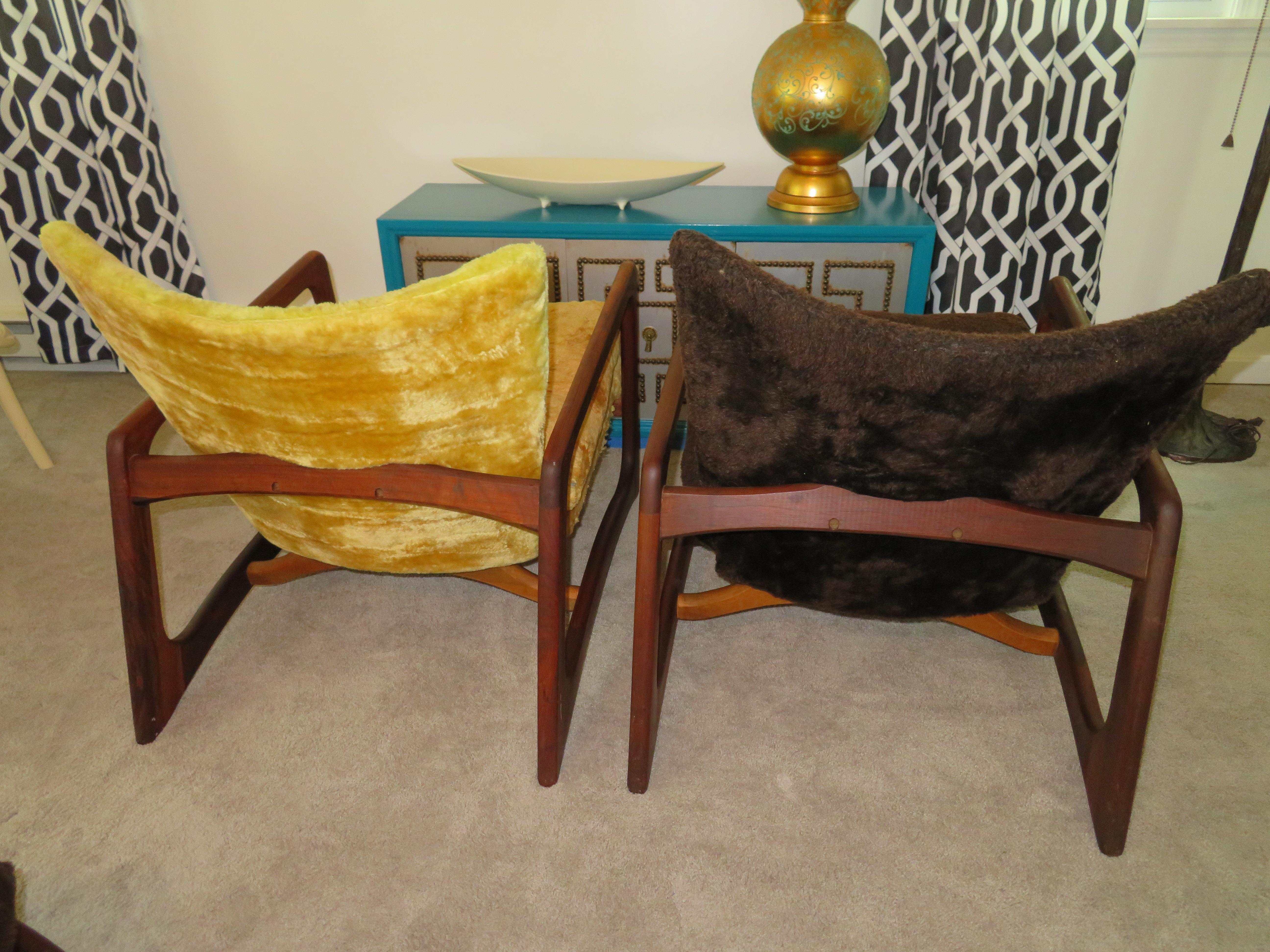 Gorgeous pair of Adrian Pearsall sculptural walnut lounge chairs plus ottoman. This pair will need to be re-upholstered but frames are tight and sturdy. The solid walnut frames retain their original hand oiled finish with minor wear-giving them