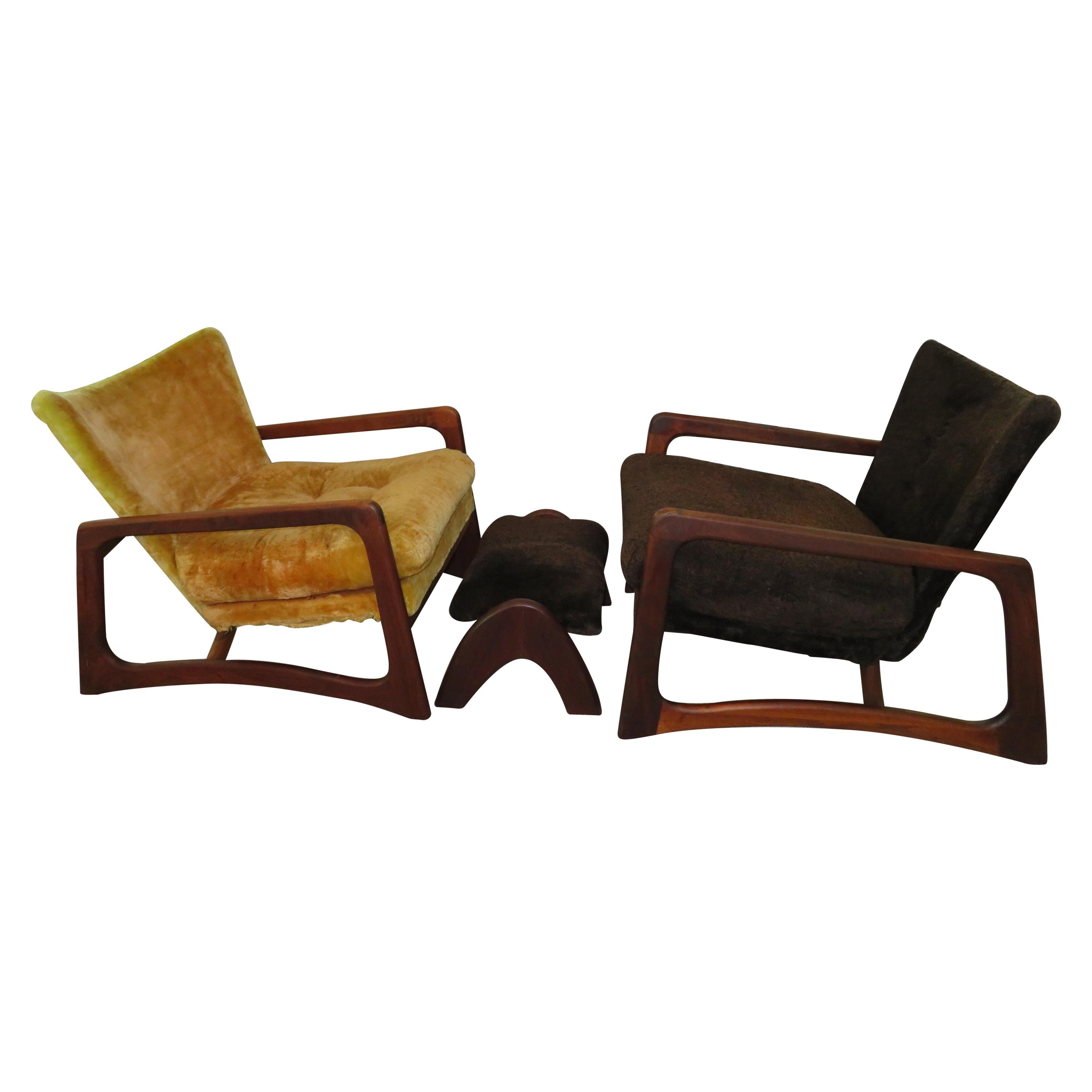 Wonderful Pair of Adrian Pearsall Sculptural Walnut Lounge Chairs plus Ottoman