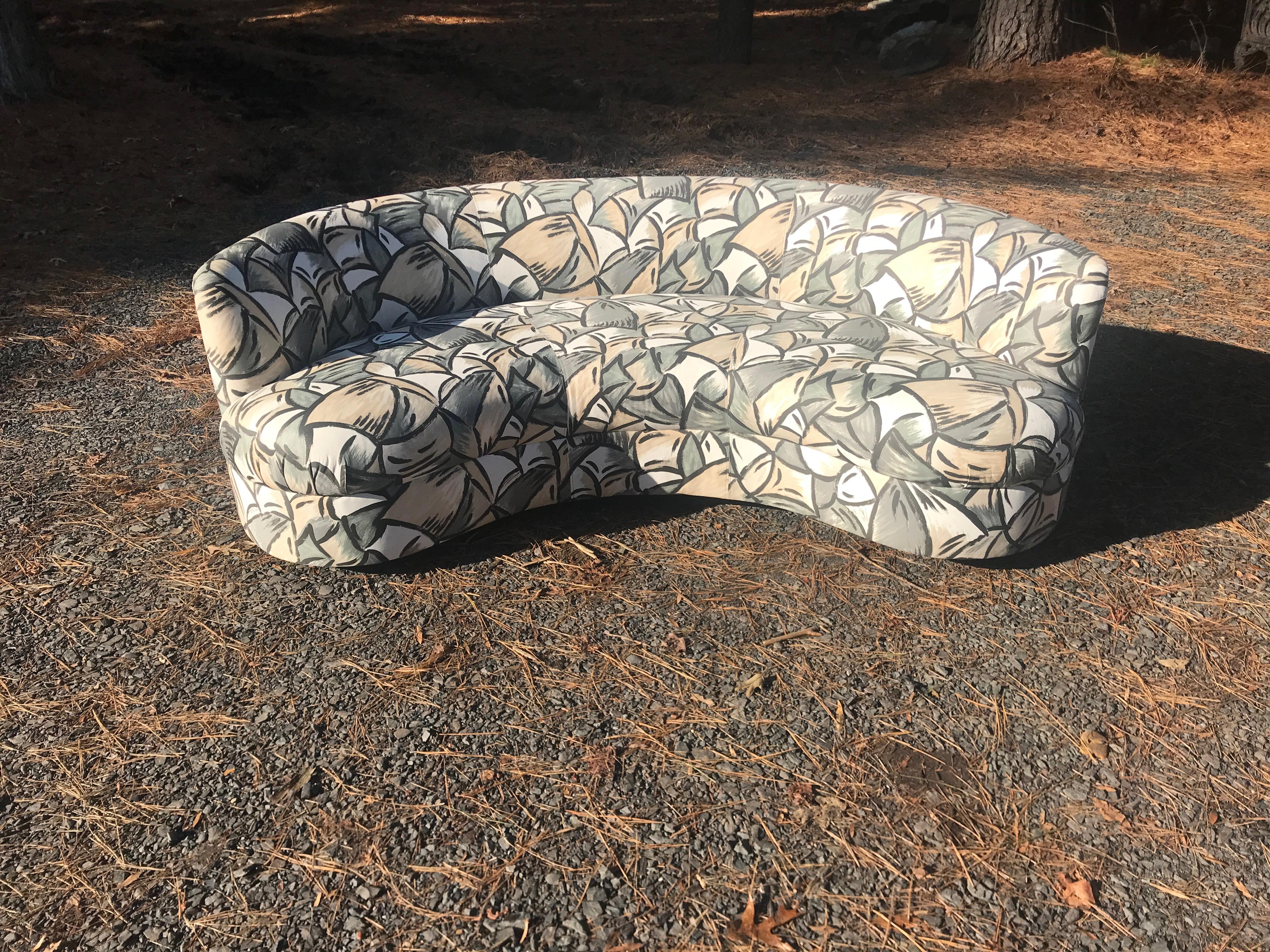 Wonderful pair of Adrian Pearsall style kidney shaped curved sofas. We are loving the bold abstract fabric in grays and shades of beige but these are also great for any fabric you can imagine. These are still in great shape and will be perfect in