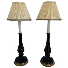 Wonderful Pair of Amethyst Crystal Glass Bronze Candlestick Column Lamps