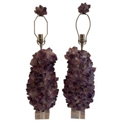 Wonderful Pair Amethyst Rock Crystal Candy Brazilian Quartz Lucite Table Lamps