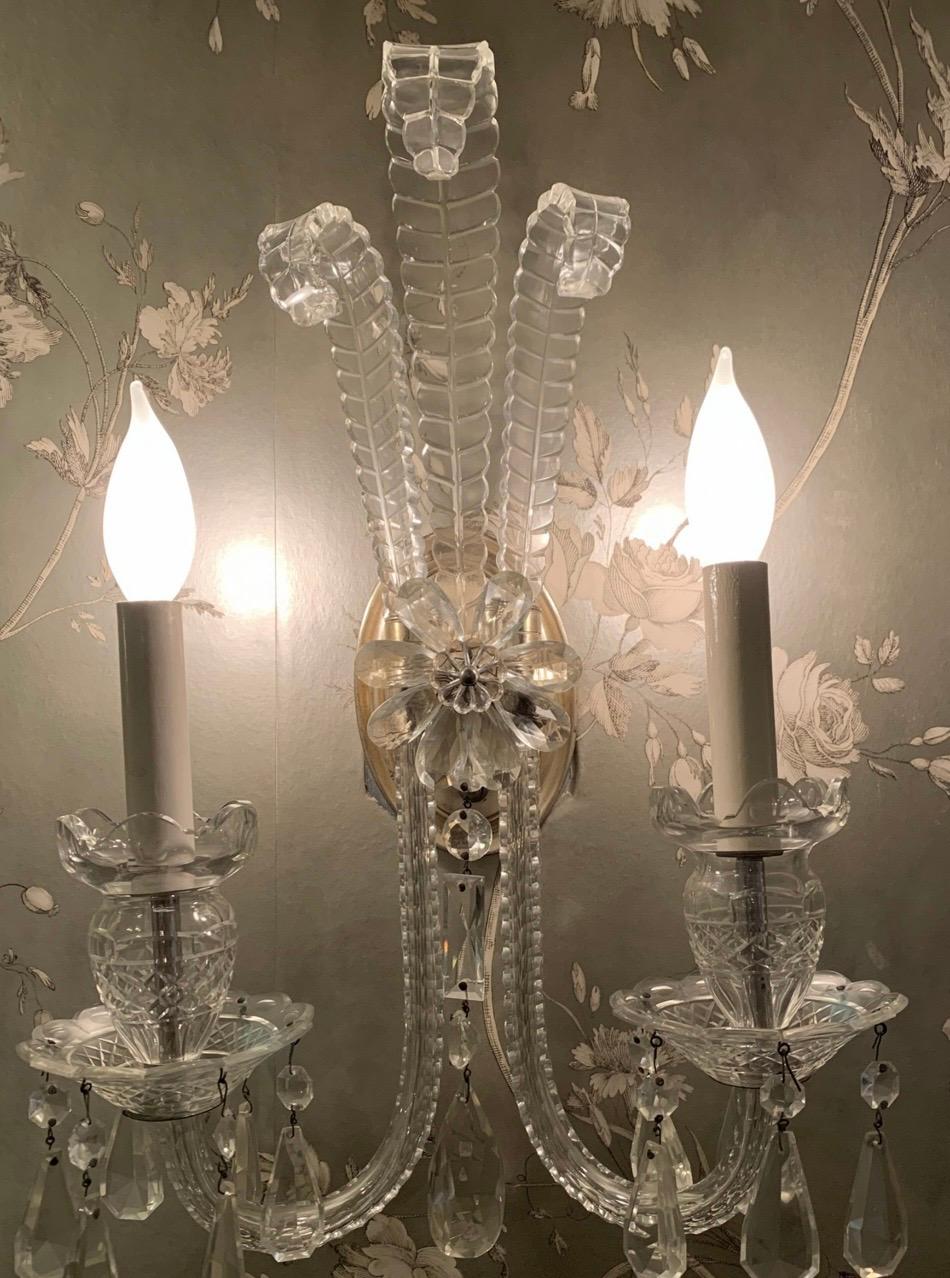 Belle Époque Merveilleuse paire d'appliques à fleurs de palmier en cristal taillé d'antiquités de style géorgien en bronze argenté en vente
