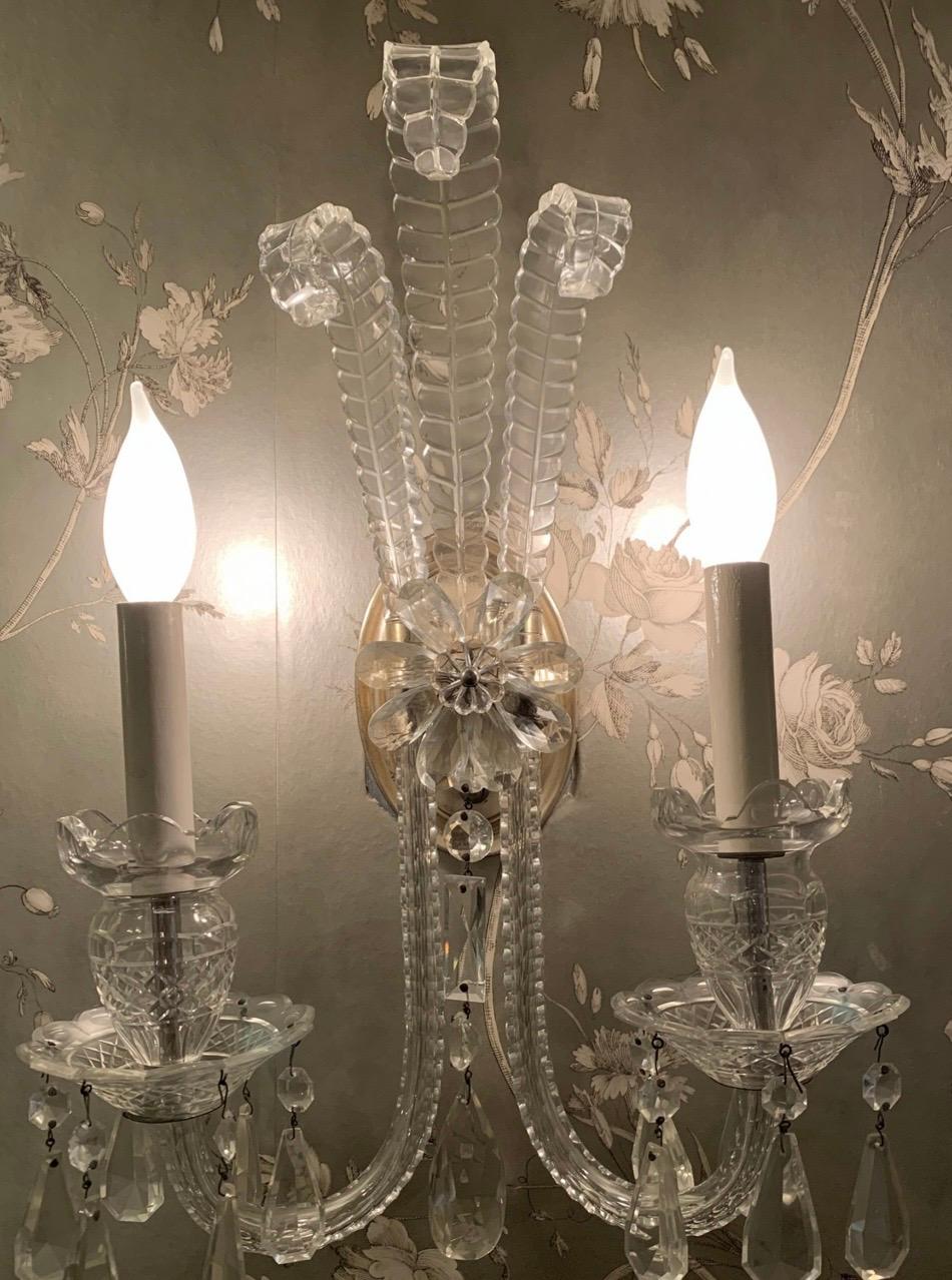 Belle Époque Wonderful Pair Antique Cut Crystal Georgian Silvered Bronze Palm Floral Sconces For Sale