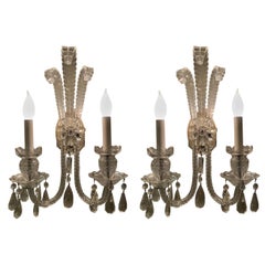 Wonderful Pair Vintage Cut Crystal Georgian Silvered Bronze Palm Floral Sconces