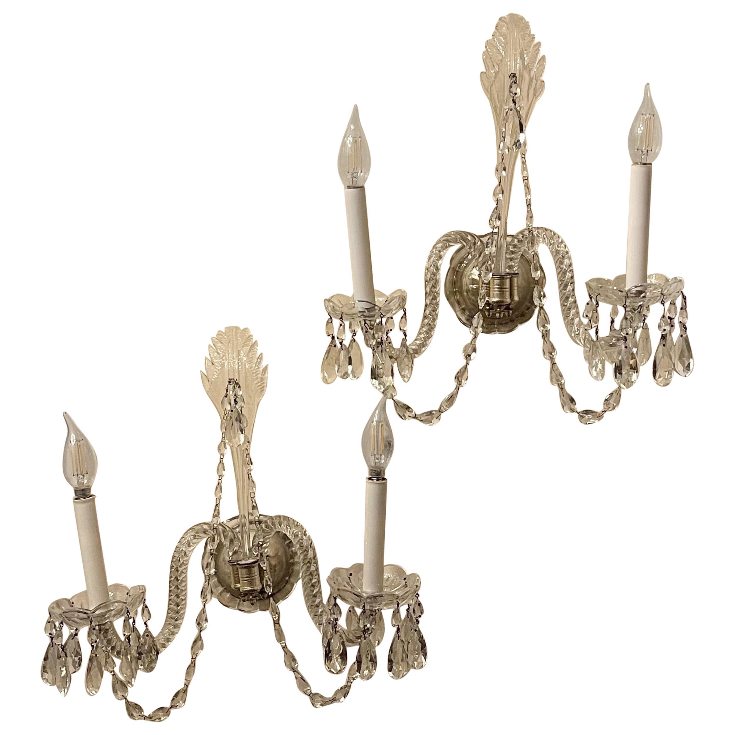 Wonderful Pair Antique Cut Crystal Georgian Silvered Bronze Palm Swag Sconces