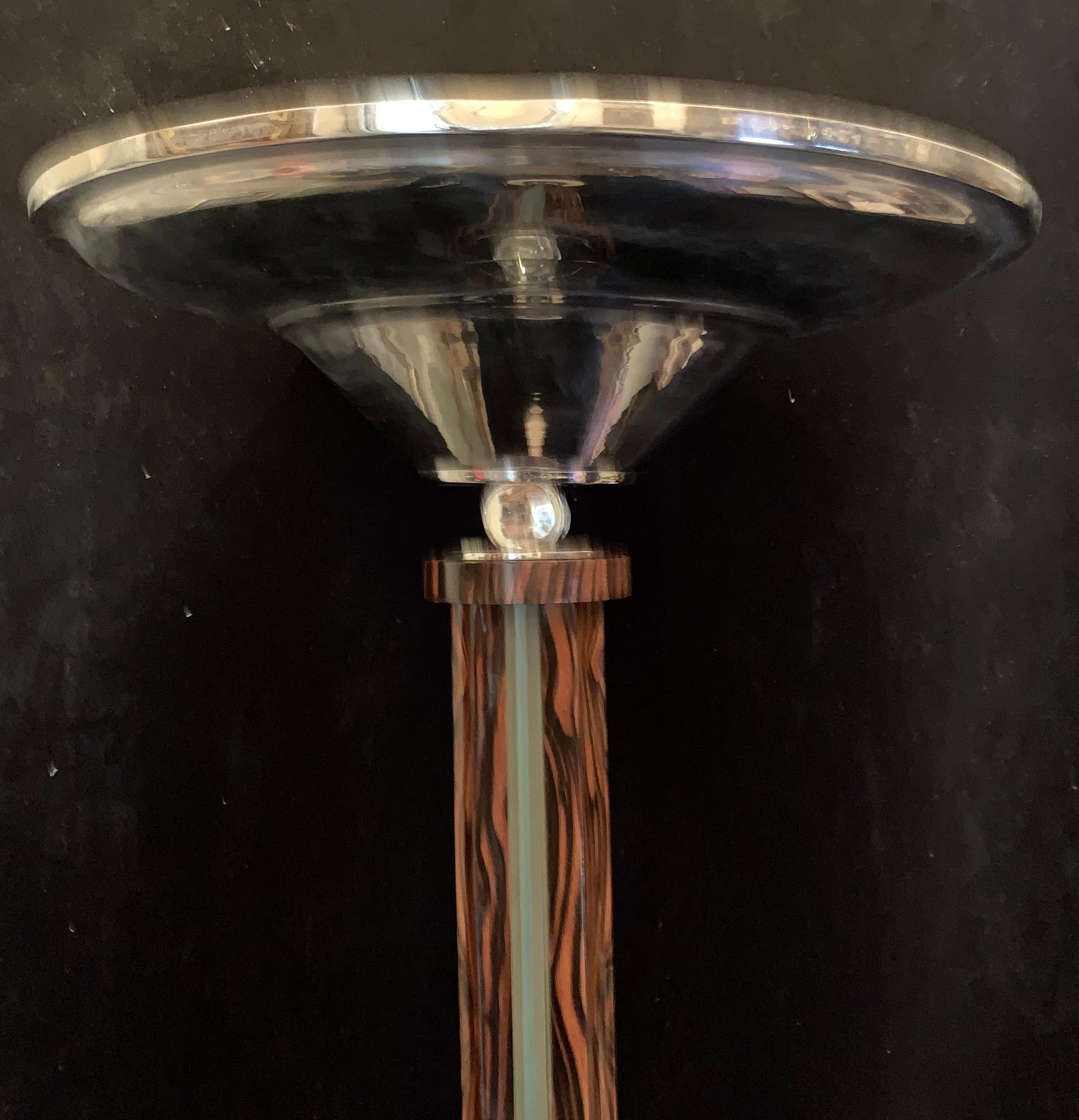 Wonderful Pair of Art Deco Macassar Floor Lamps Marble Bases Glass Nickel Shades 1