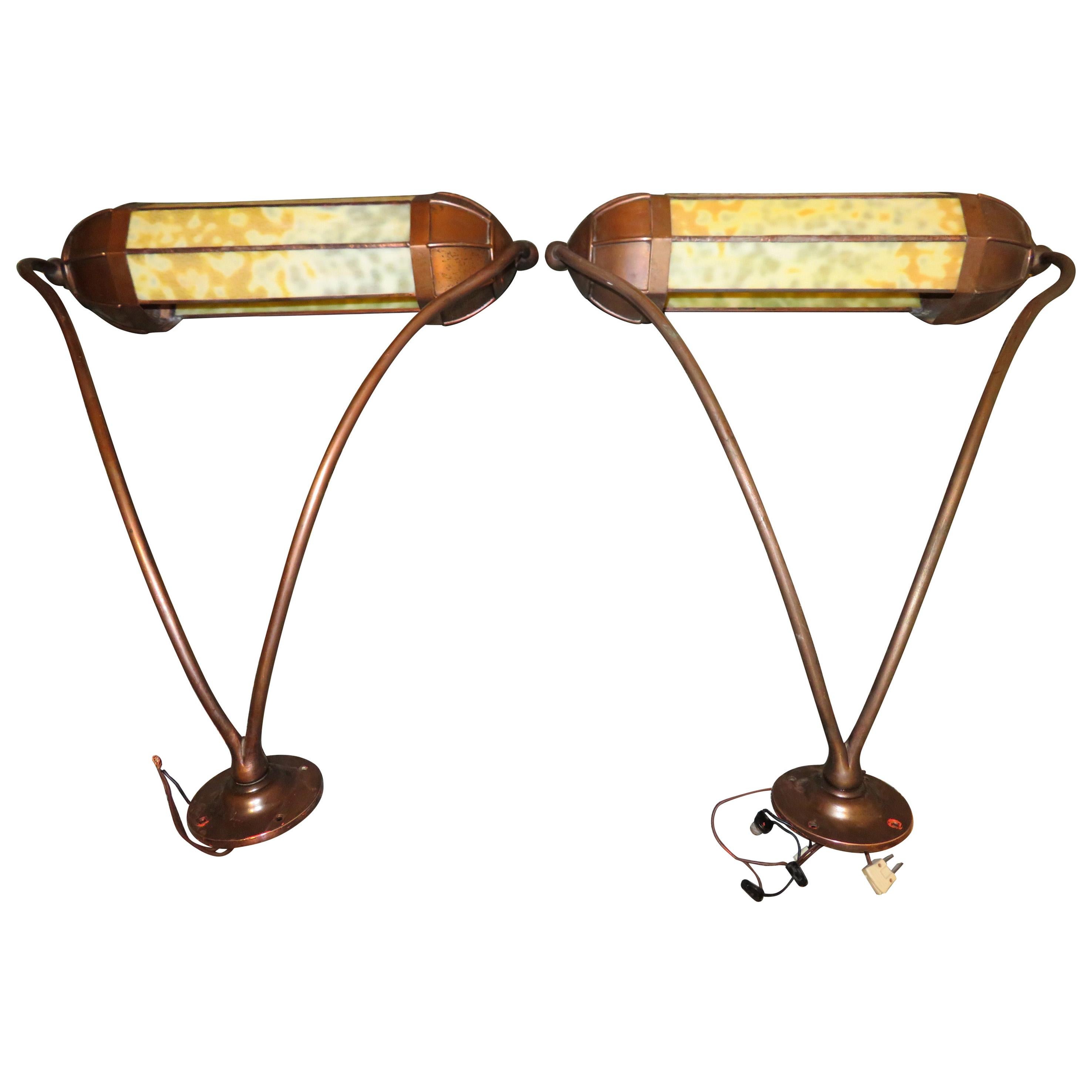 Wonderful Pair Art Deco Tiffany Style Bronze Picture Light for Art Illumination