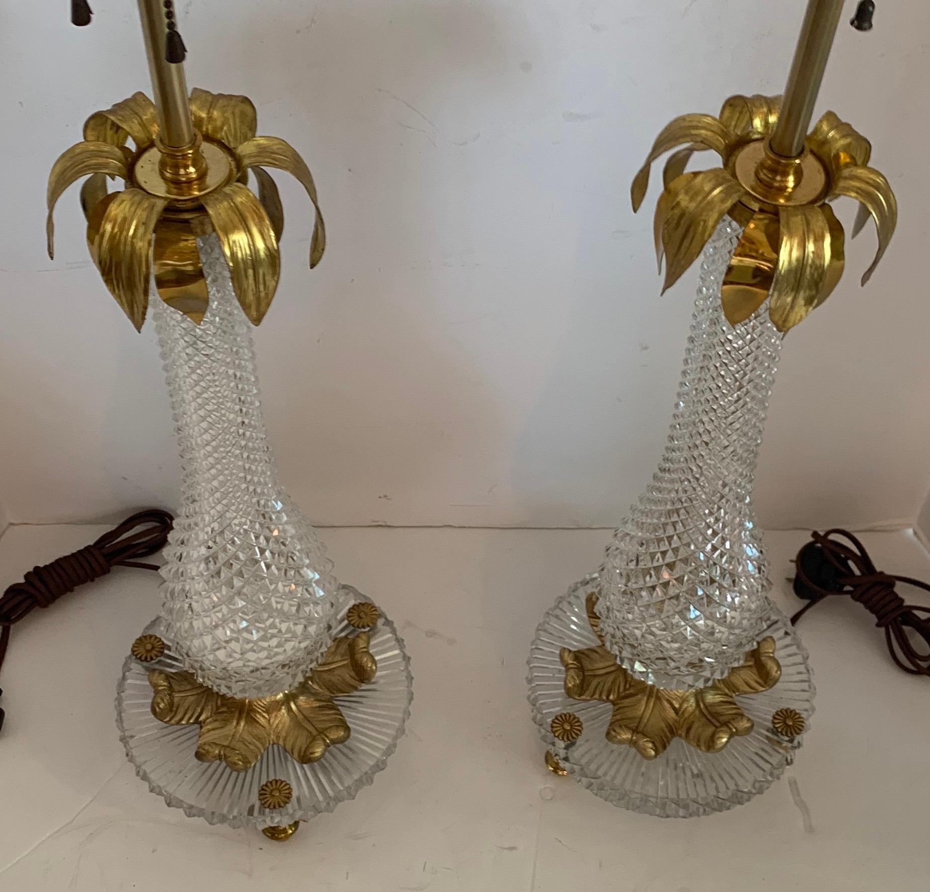 Wonderful Pair Baccarat French Cut Crystal Bronze Ormolu Mounted Palm Tree Lamps In Good Condition In Roslyn, NY