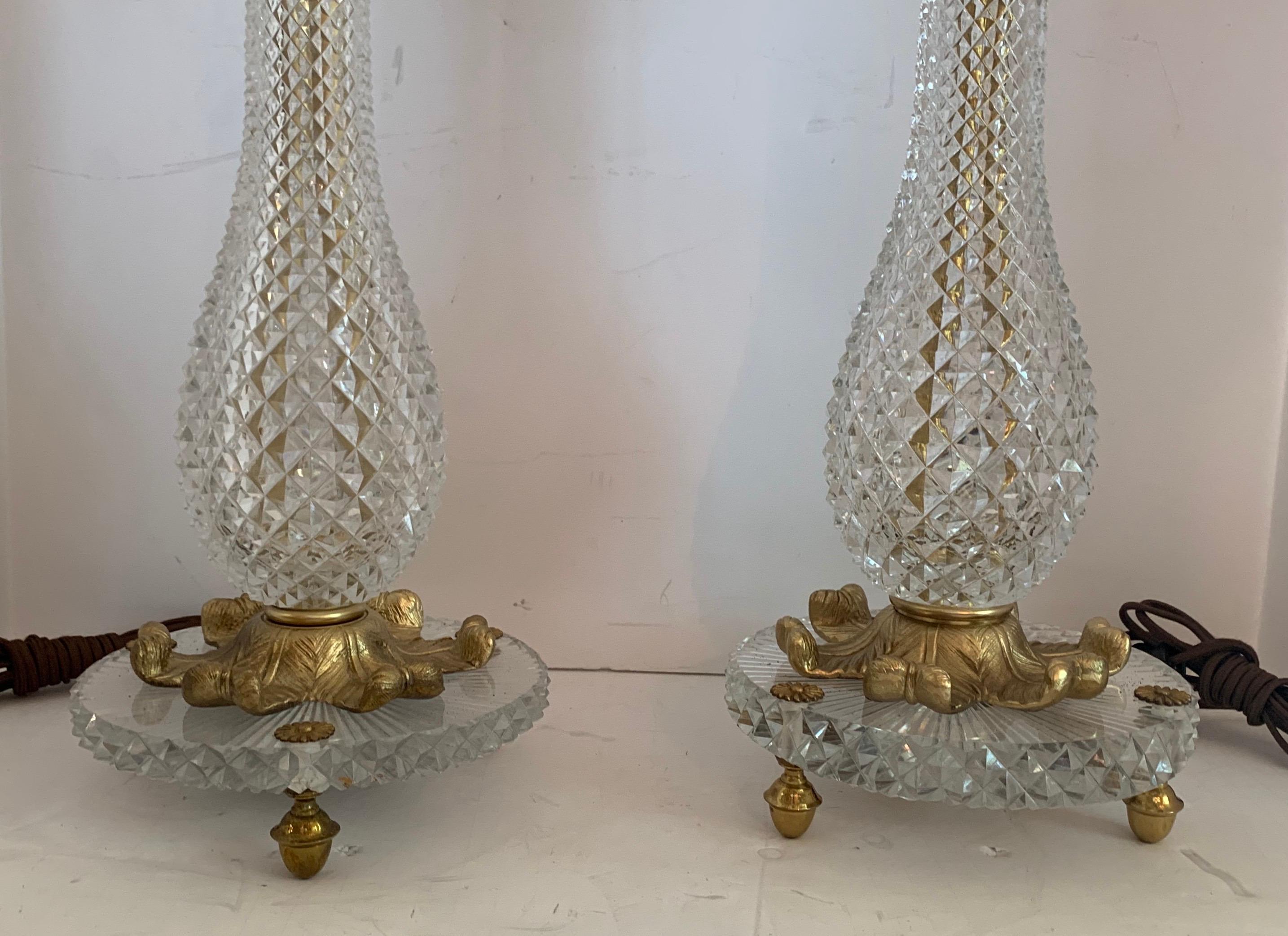 20th Century Wonderful Pair Baccarat French Cut Crystal Bronze Ormolu Mounted Palm Tree Lamps
